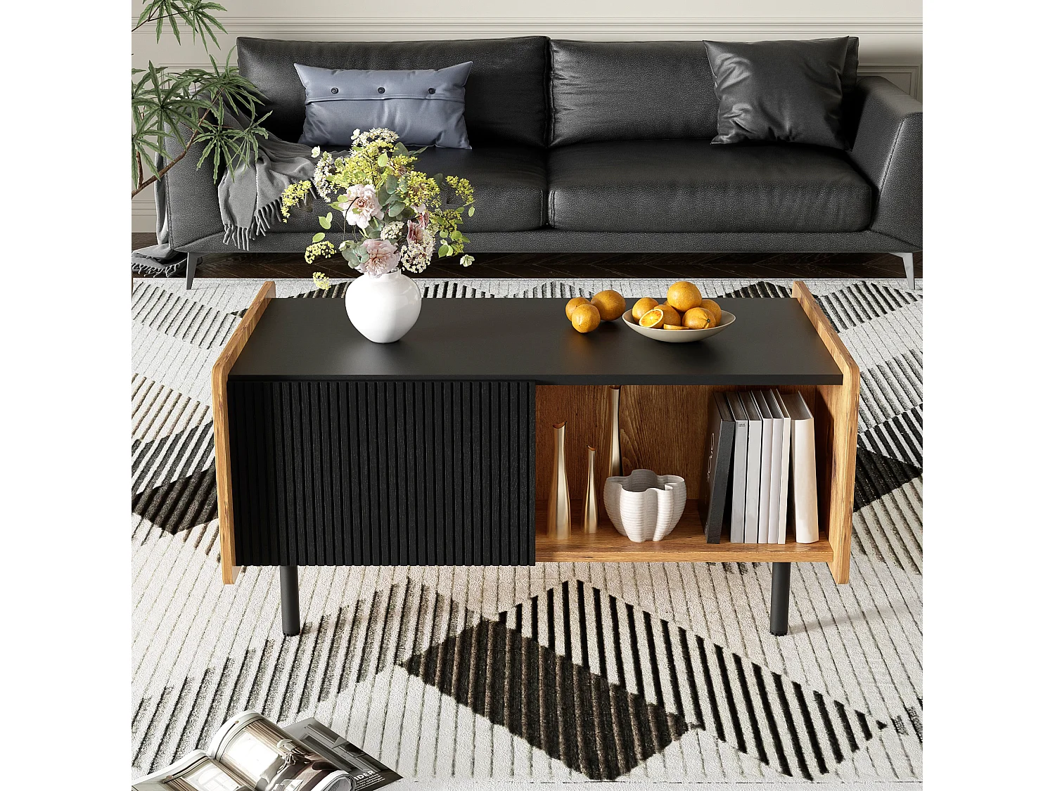 Table Basse moderne effet bois et noir 2 portes CUNGRUNS