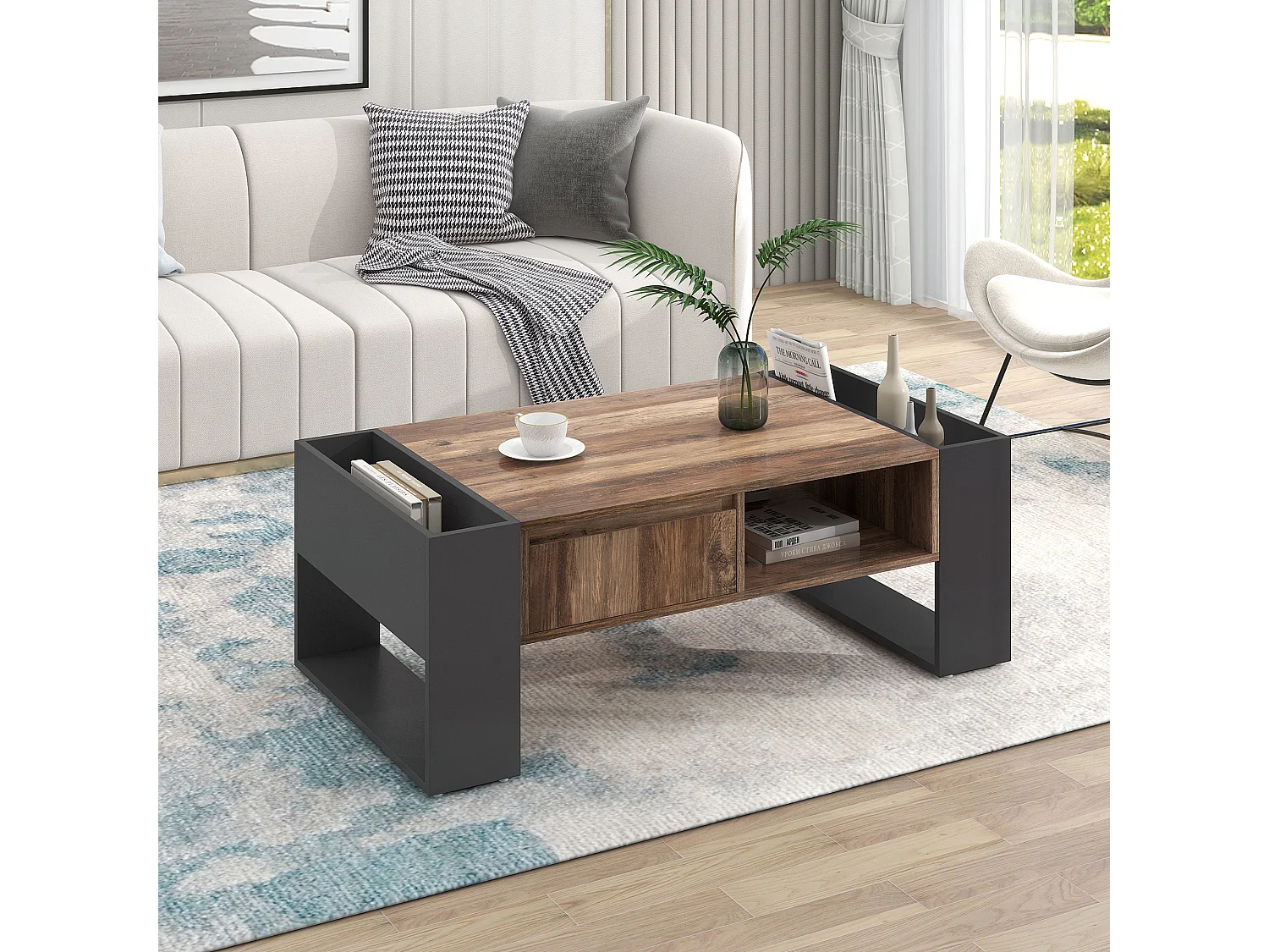 Table basse effet bois 1 tiroir niche ouvert et rangement des 2 côtés anthracite XUGZOIRS