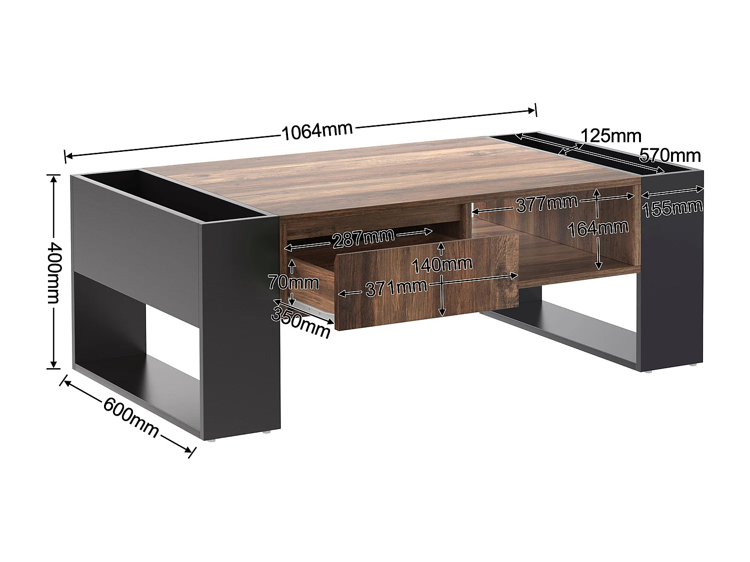URBAN MEUBLE Table basse effet bois 1 tiroir niche ouvert et rangement des 2 côtés anthracite XUGZOIRS