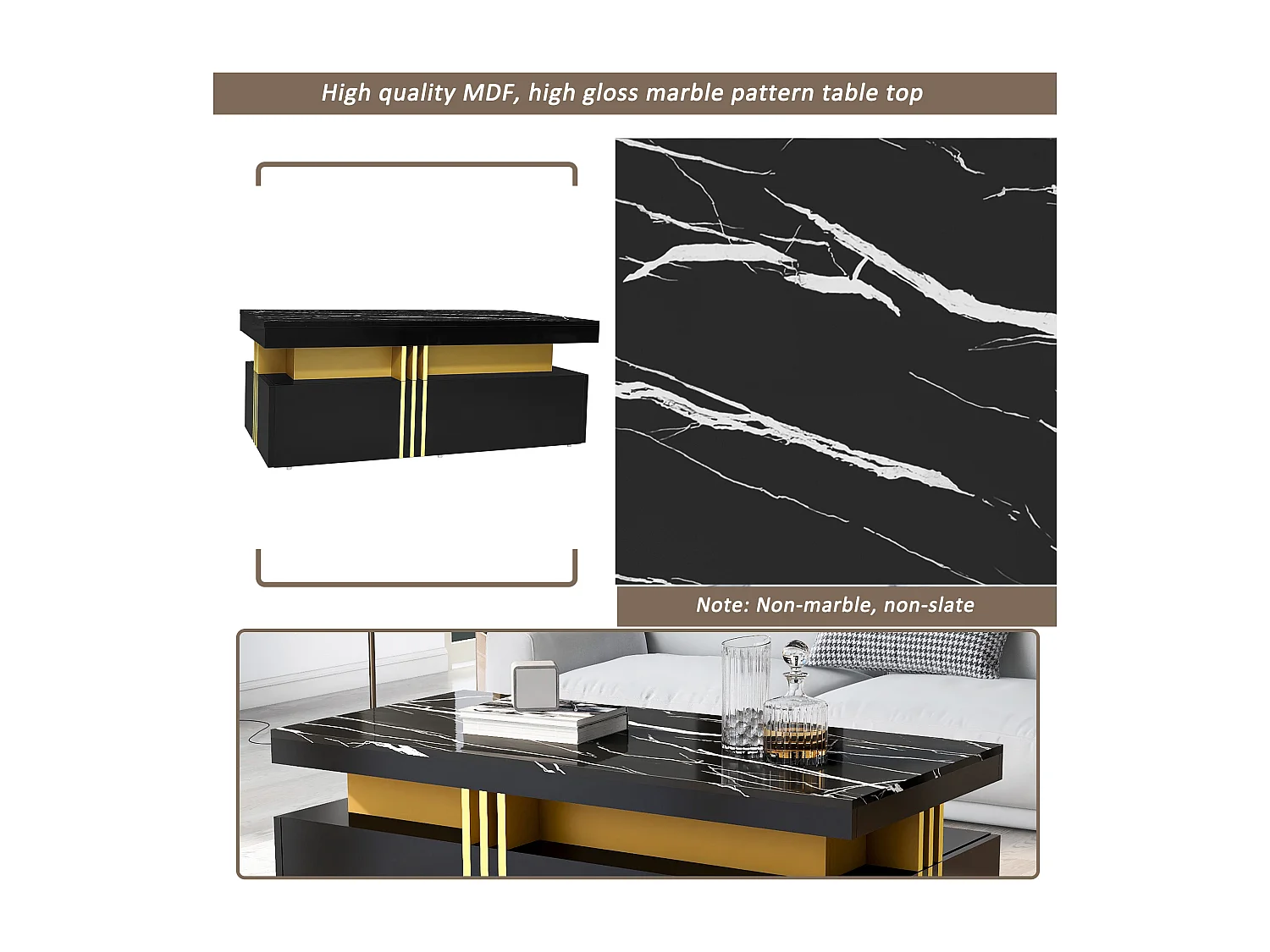 URBAN MEUBLE Table basse rectangulaire effet marbre noir brillant avec 2 tiroirs 100*50*40 cm