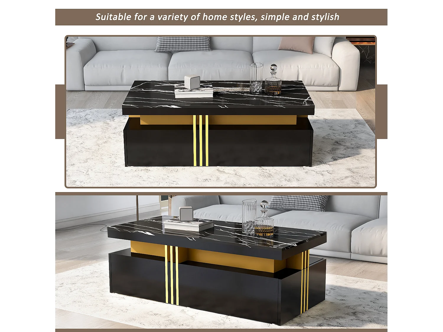 URBAN MEUBLE Table basse rectangulaire effet marbre noir brillant avec 2 tiroirs 100*50*40 cm