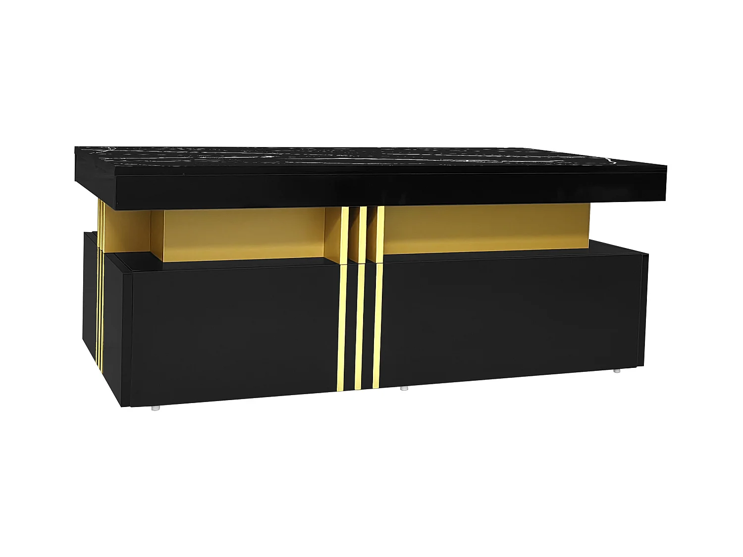 Table basse rectangulaire effet marbre noir brillant avec 2 tiroirs 100*50*40 cm GEVREITS BLACK