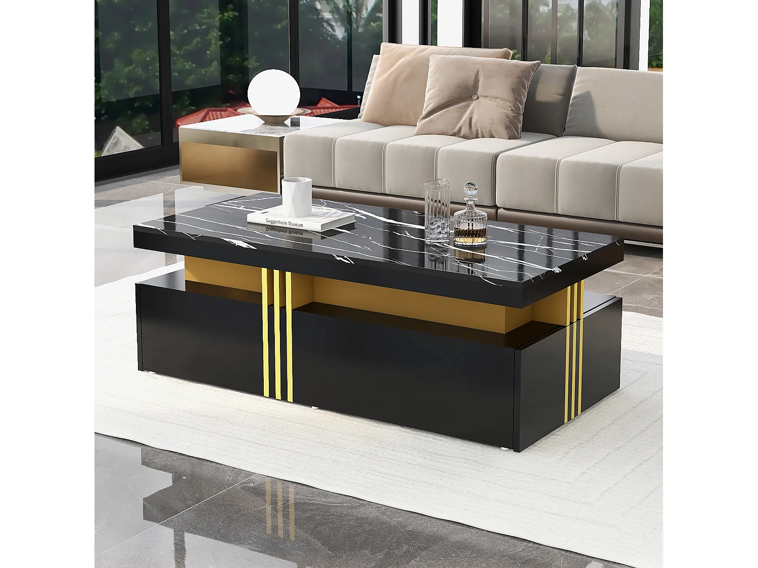 URBAN MEUBLE Table basse rectangulaire effet marbre noir brillant avec 2 tiroirs 100*50*40 cm