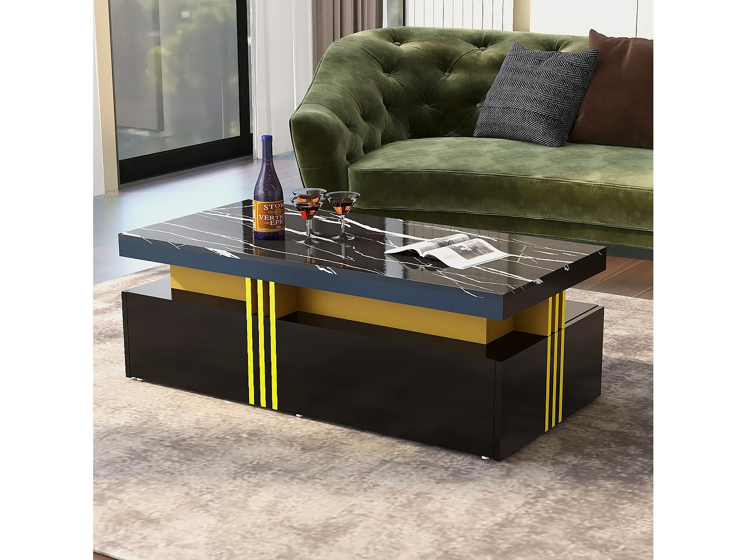 URBAN MEUBLE Table basse rectangulaire effet marbre noir brillant avec 2 tiroirs 100*50*40 cm