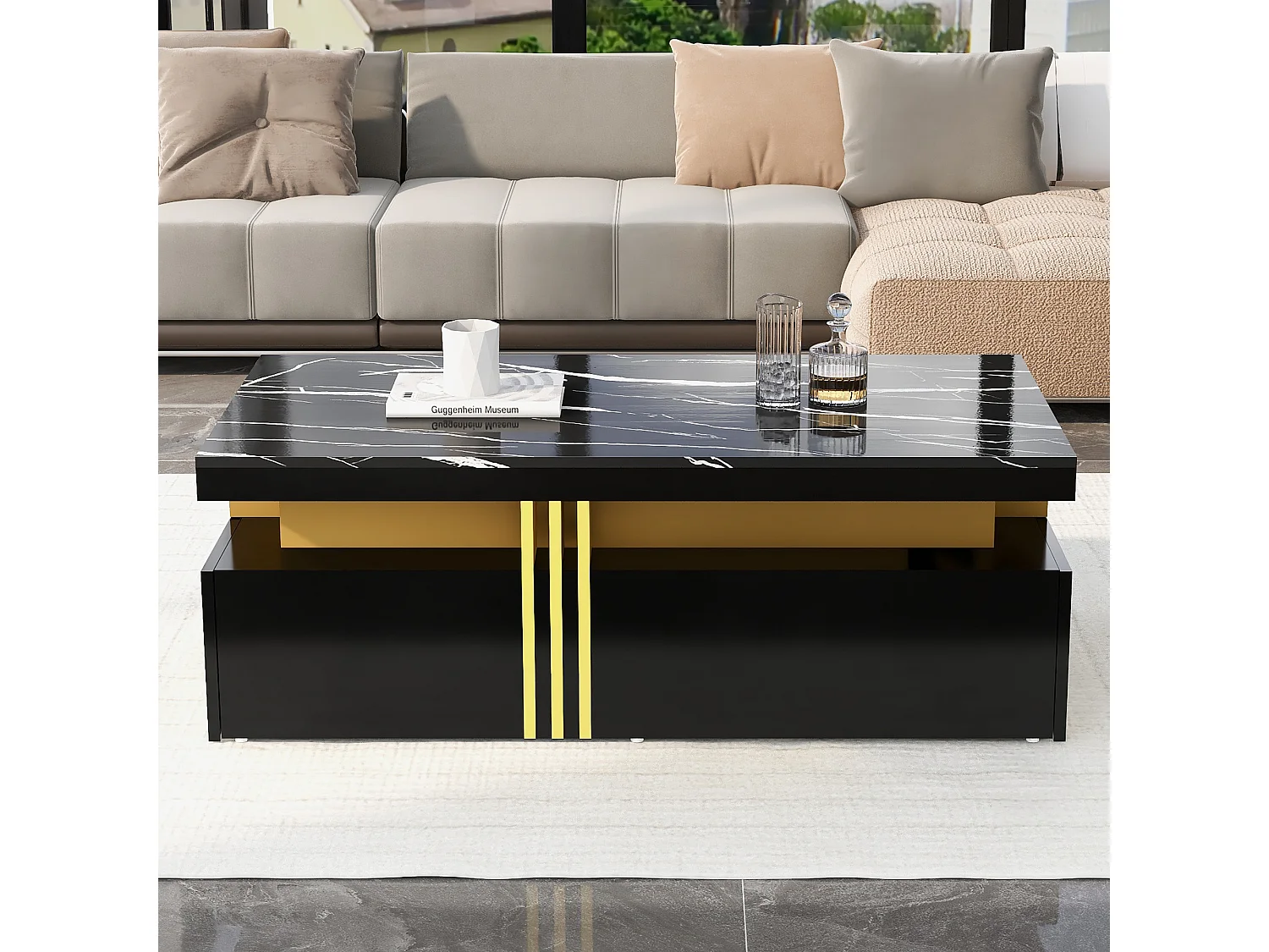 URBAN MEUBLE Table basse rectangulaire effet marbre noir brillant avec 2 tiroirs 100*50*40 cm
