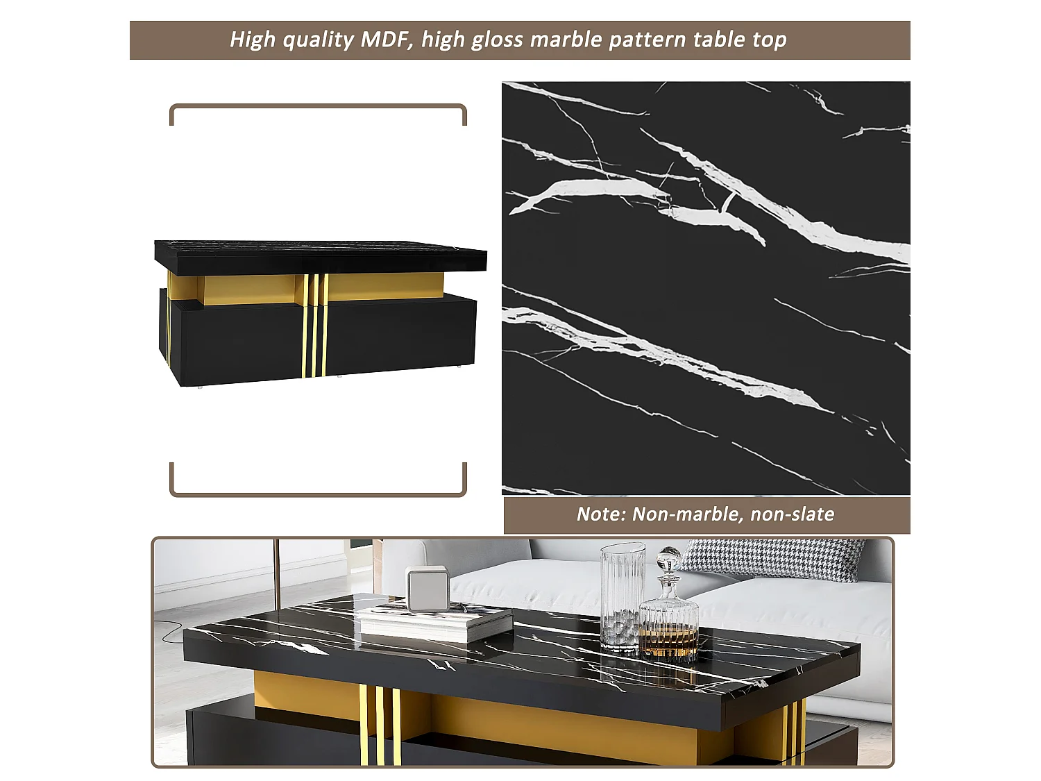 URBAN MEUBLE Table basse rectangulaire effet marbre noir brillant avec 2 tiroirs 100*50*40 cm