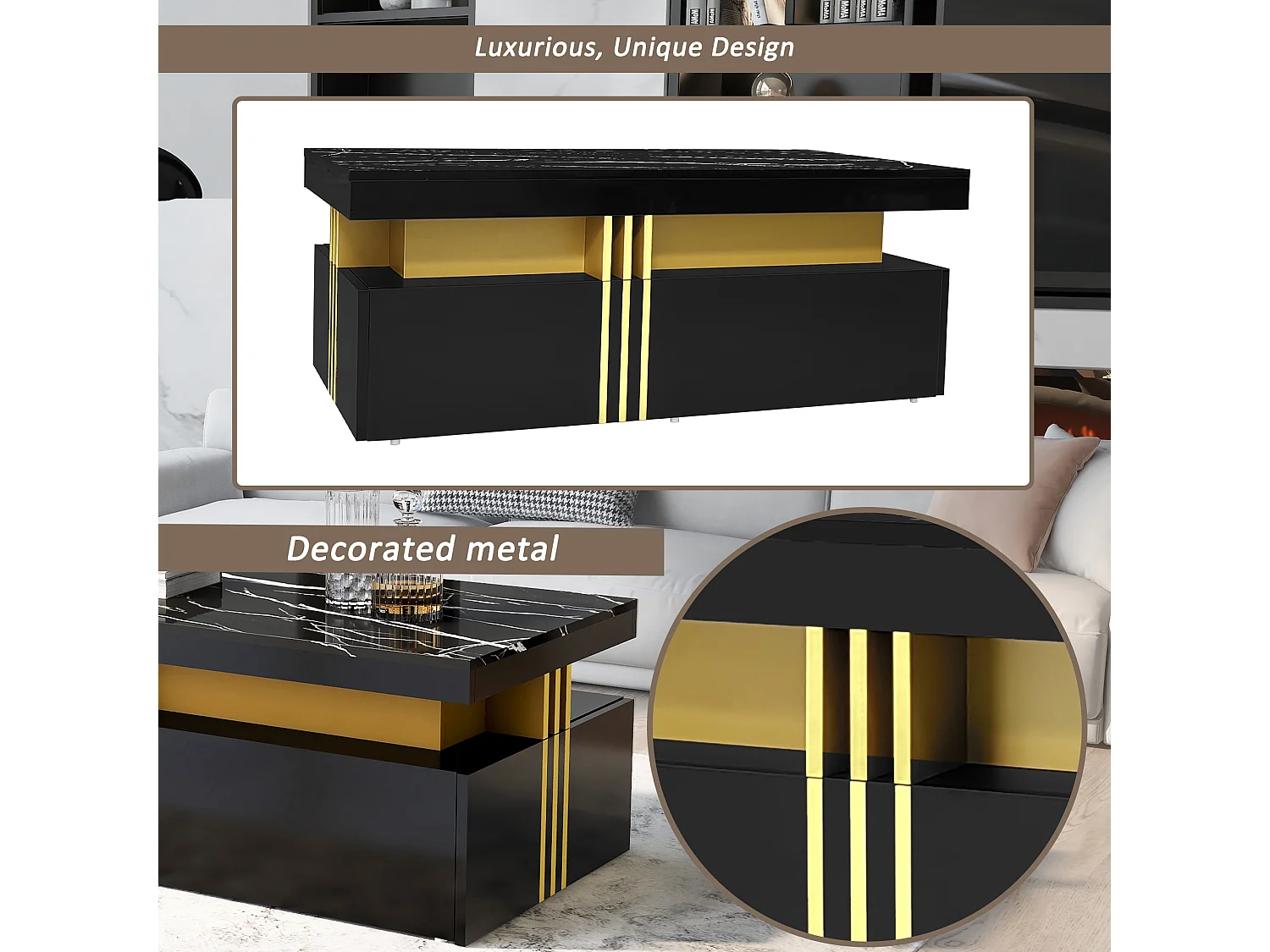 URBAN MEUBLE Table basse rectangulaire effet marbre noir brillant avec 2 tiroirs 100*50*40 cm
