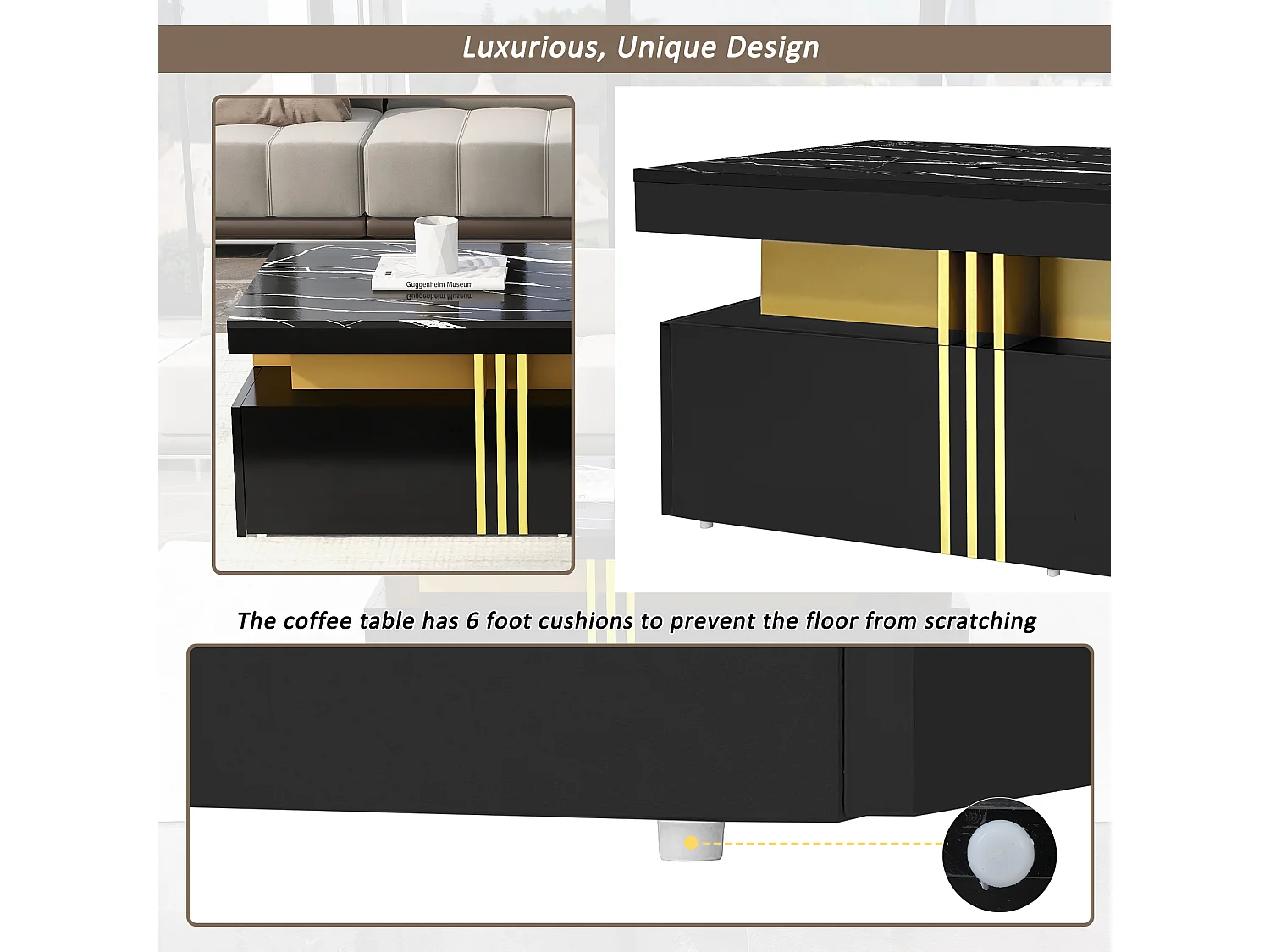 URBAN MEUBLE Table basse rectangulaire effet marbre noir brillant avec 2 tiroirs 100*50*40 cm