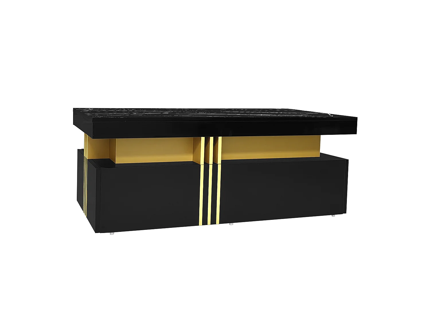 URBAN MEUBLE Table basse rectangulaire effet marbre noir brillant avec 2 tiroirs 100*50*40 cm