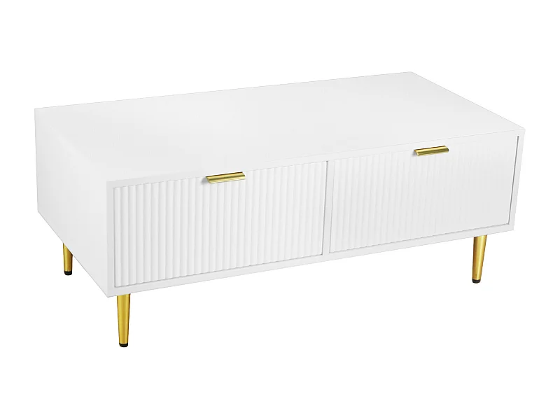 Table basse blanche moderne avec des poignets et pieds dorés 2 tiroirs design à rayures verticales STRUX WHITE