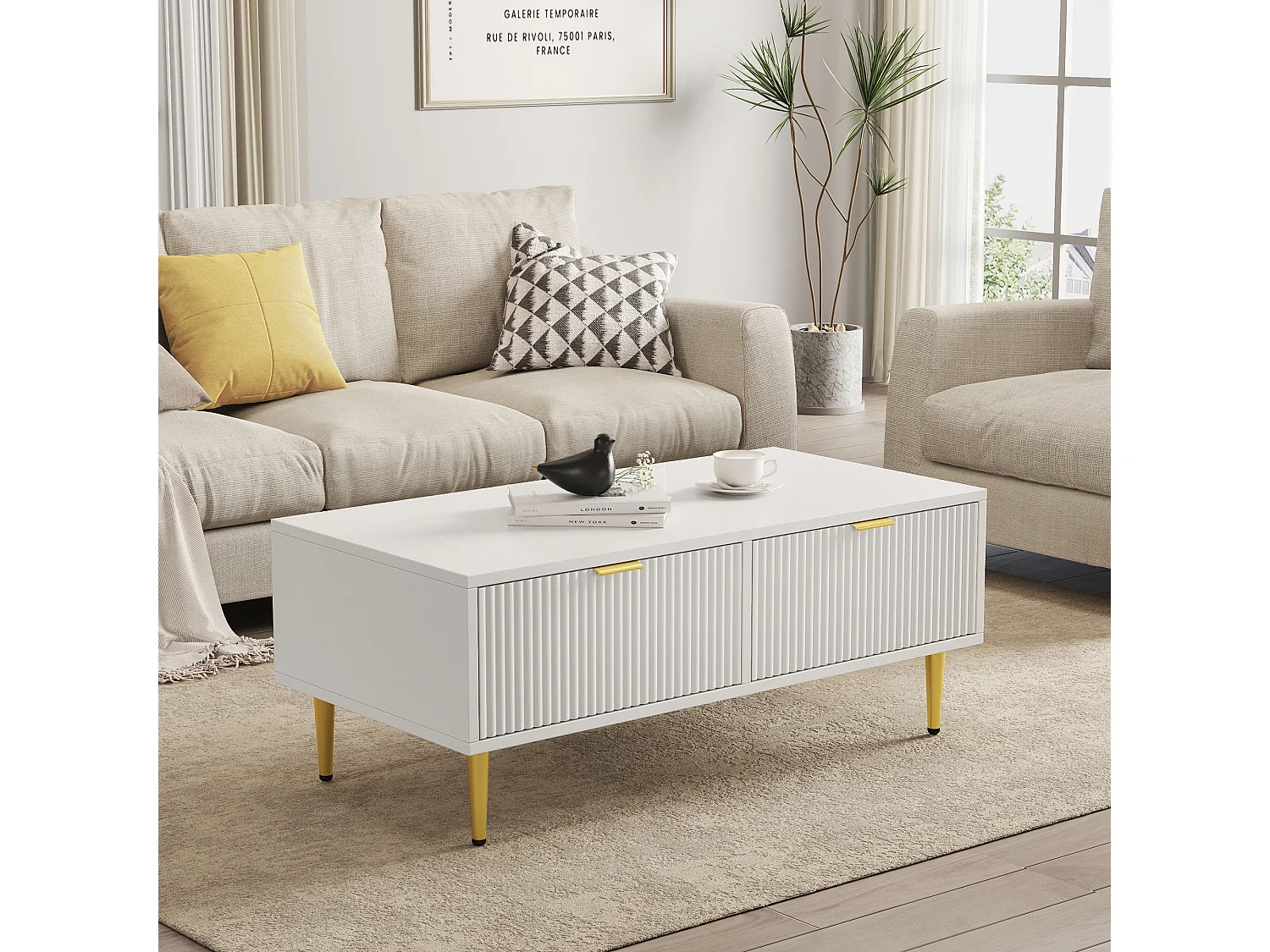 Table basse blanche moderne avec des poignets et pieds dorés 2 tiroirs design à rayures verticales STRUX WHITE