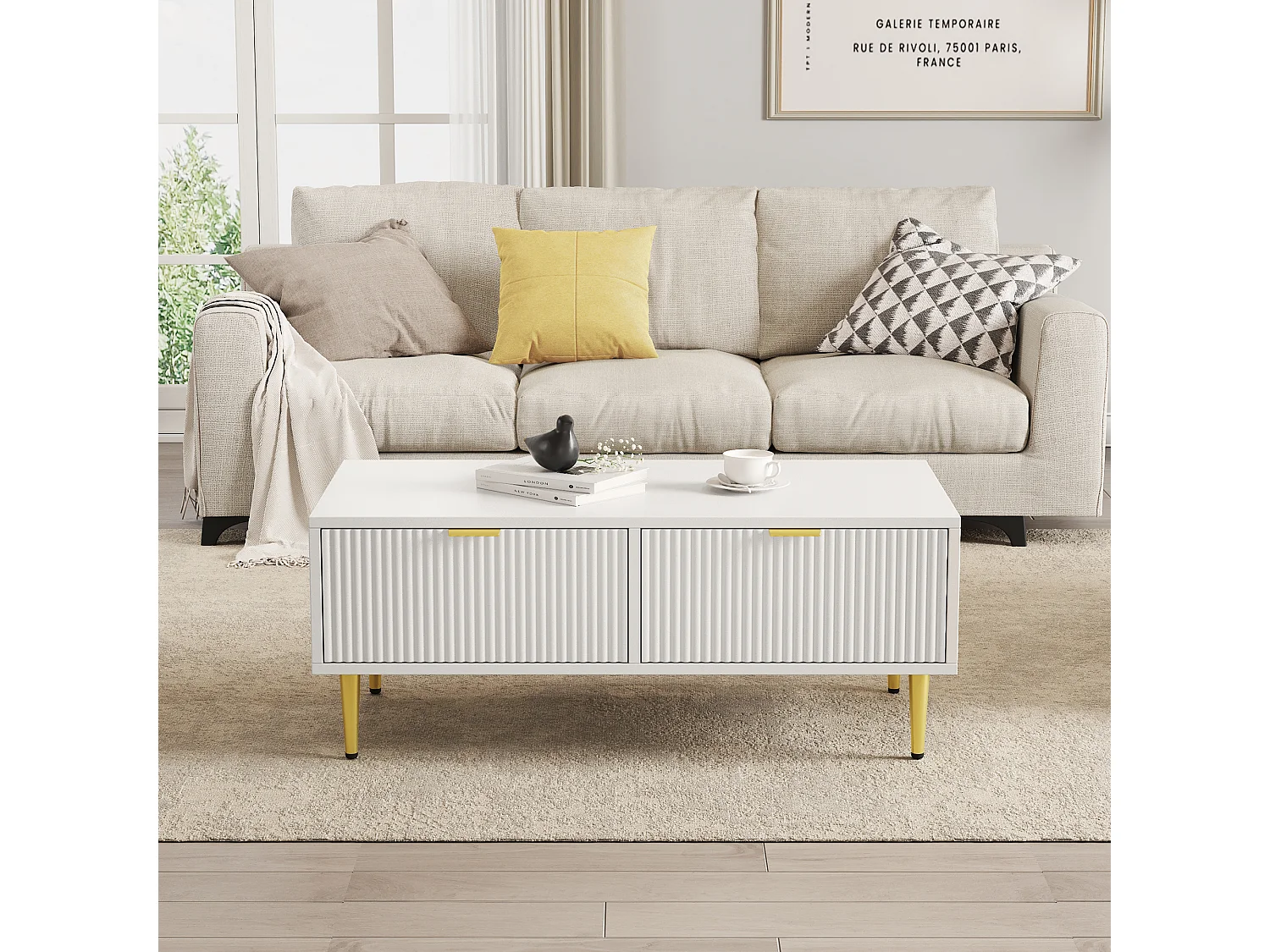 URBAN MEUBLE Table basse blanche moderne avec des poignets et pieds dorés 2 tiroirs design à rayures verticales