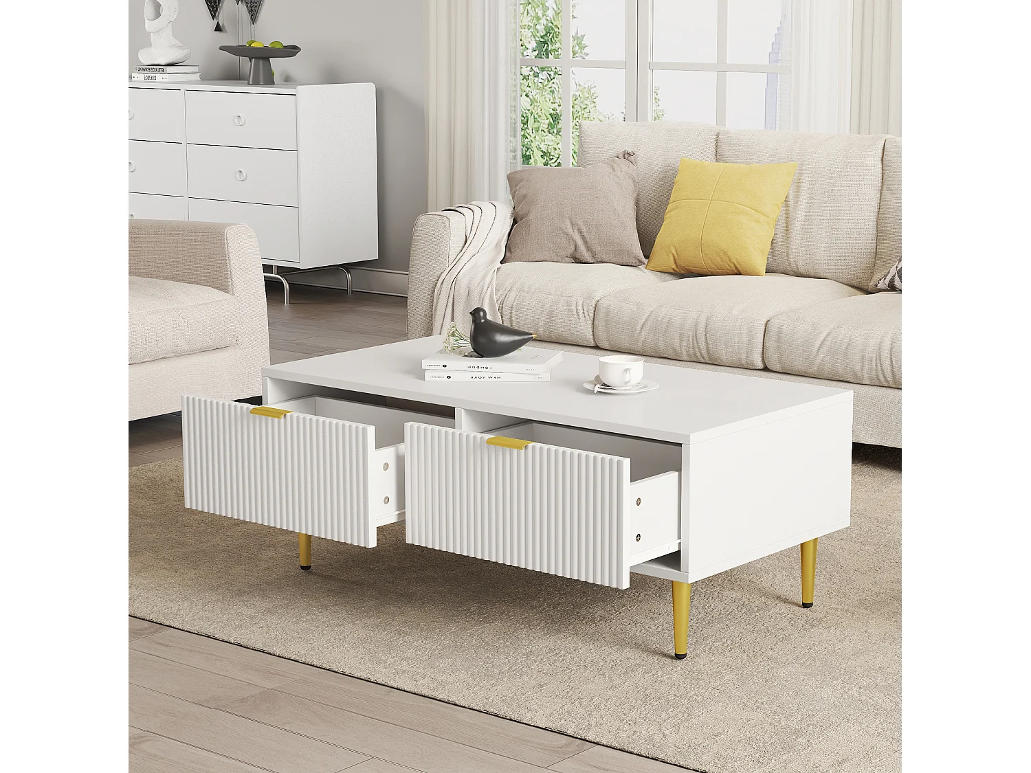 URBAN MEUBLE Table basse blanche moderne avec des poignets et pieds dorés 2 tiroirs design à rayures verticales