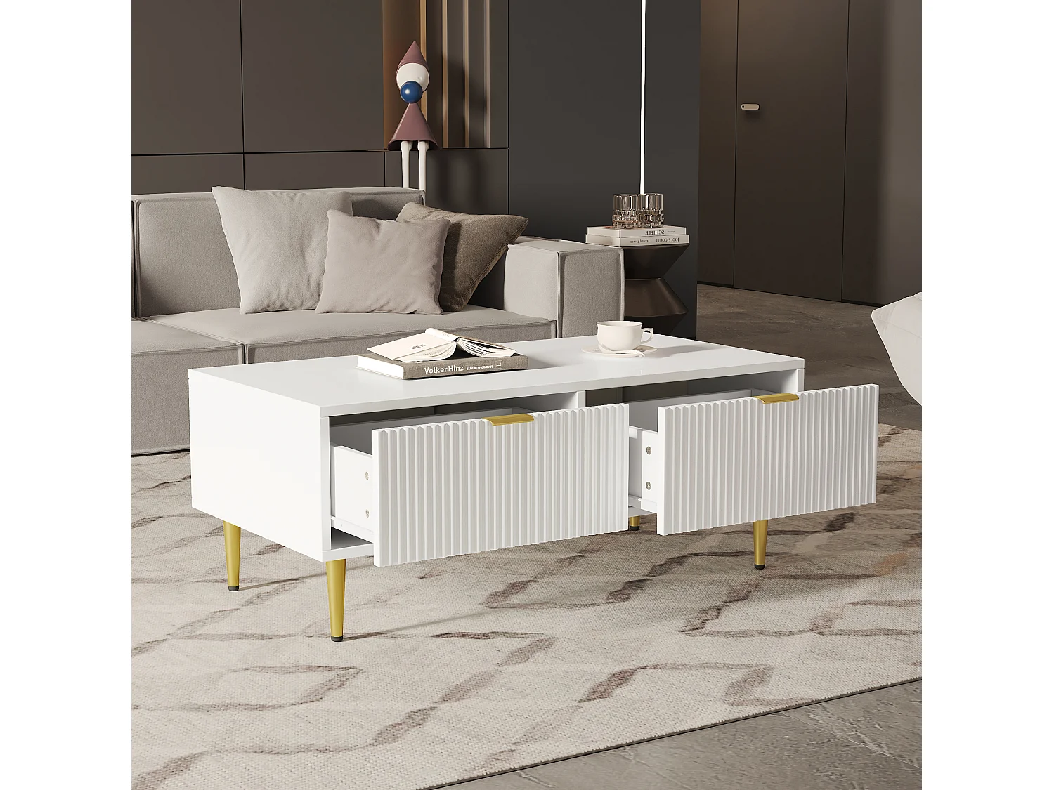 URBAN MEUBLE Table basse blanche moderne avec des poignets et pieds dorés 2 tiroirs design à rayures verticales