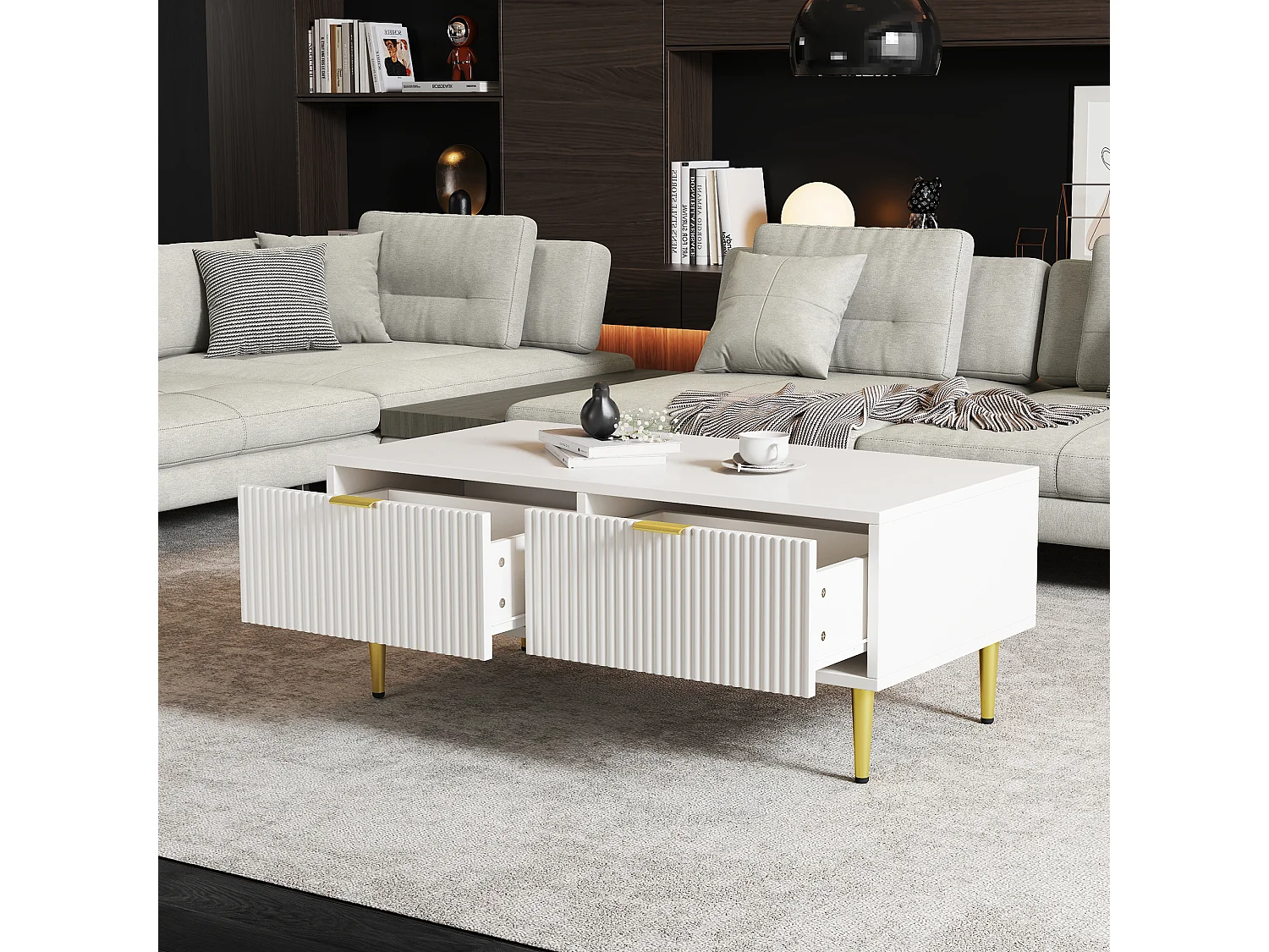 URBAN MEUBLE Table basse blanche moderne avec des poignets et pieds dorés 2 tiroirs design à rayures verticales