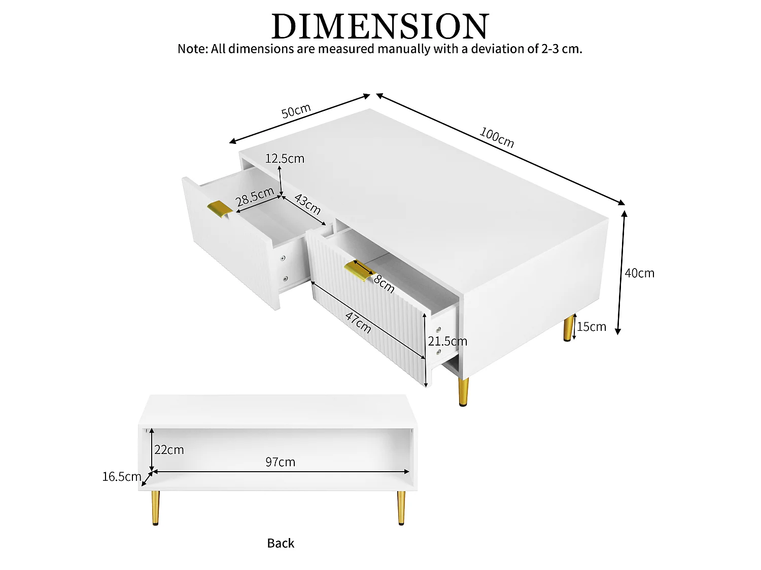 URBAN MEUBLE Table basse blanche moderne avec des poignets et pieds dorés 2 tiroirs design à rayures verticales