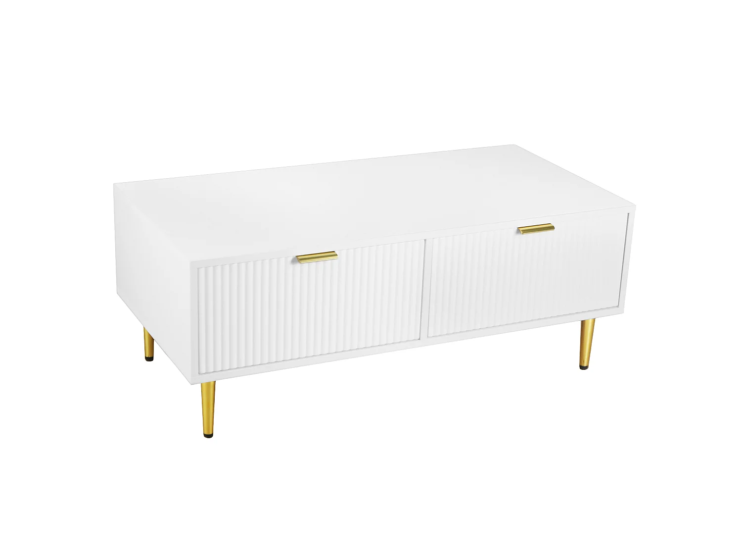 URBAN MEUBLE Table basse blanche moderne avec des poignets et pieds dorés 2 tiroirs design à rayures verticales