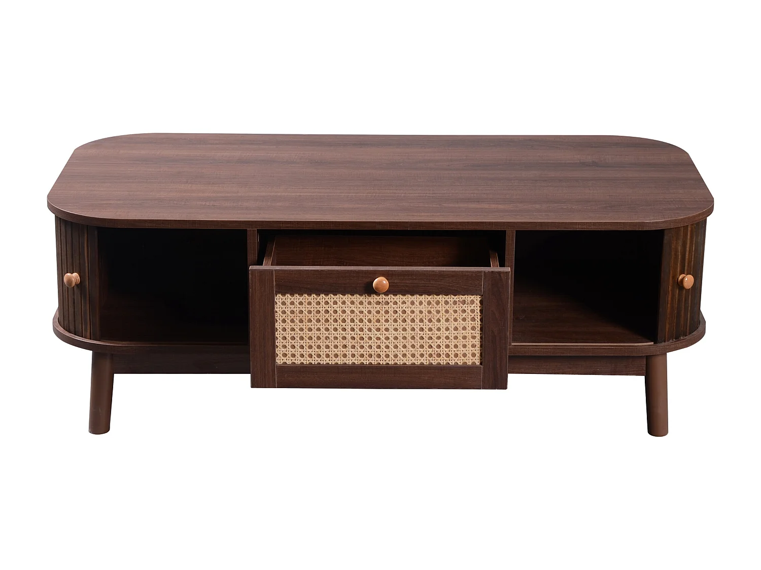 URBAN MEUBLE Table basse effet noyer vintage et rotin 1 tiroir et 2 niches portes coulissantes