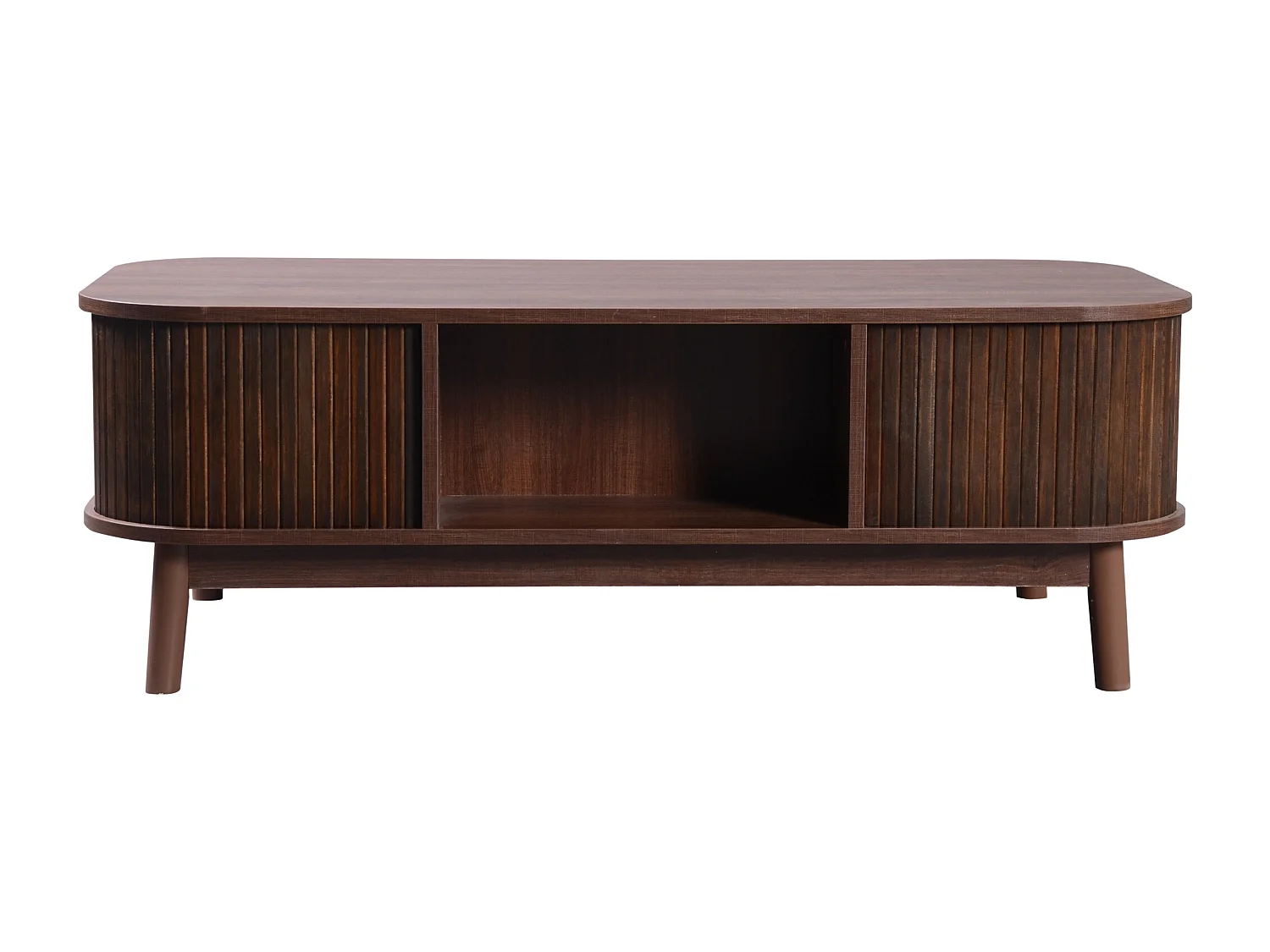 URBAN MEUBLE Table basse effet noyer vintage et rotin 1 tiroir et 2 niches portes coulissantes