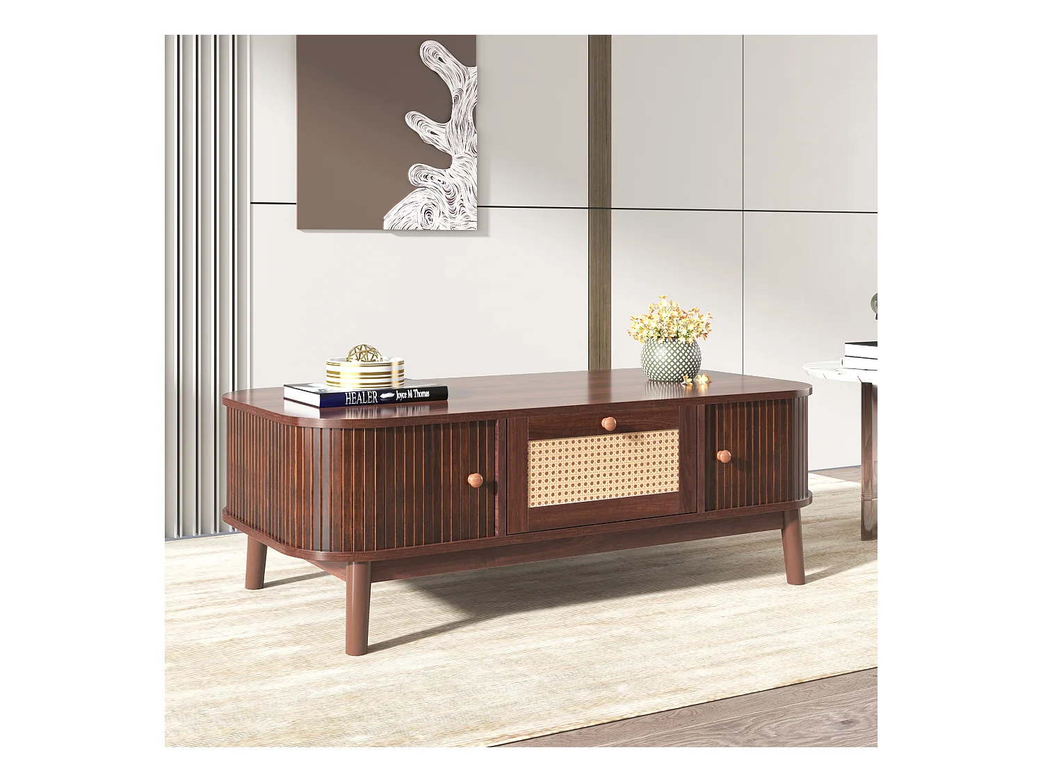 URBAN MEUBLE Table basse effet noyer vintage et rotin 1 tiroir et 2 niches portes coulissantes