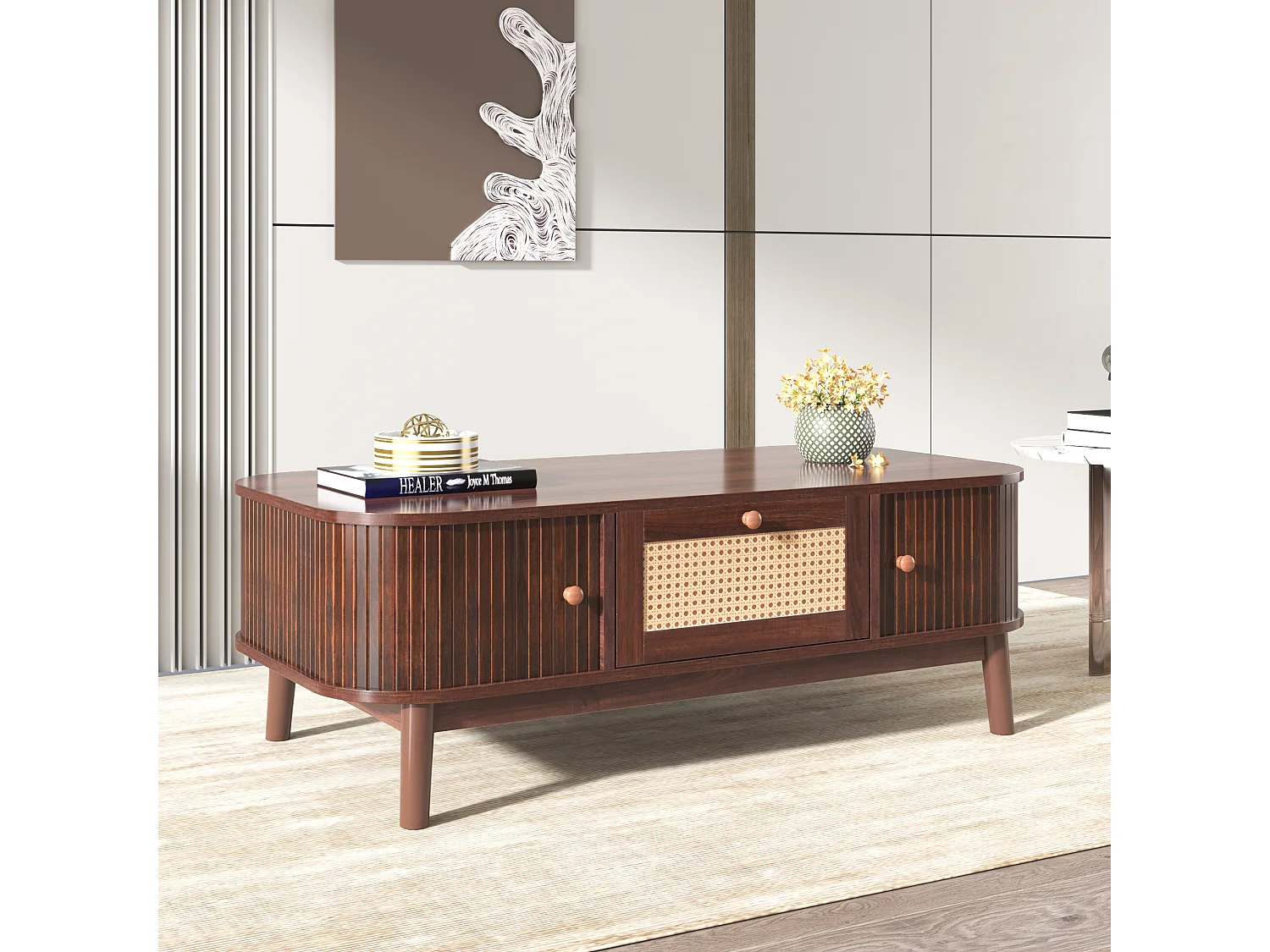 URBAN MEUBLE Table basse effet noyer vintage et rotin 1 tiroir et 2 niches portes coulissantes