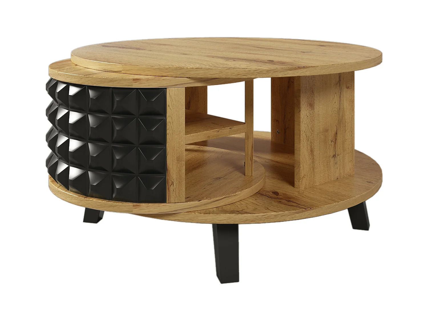 Table basse effet bois et noir, rangement interne rotatif LAACRO