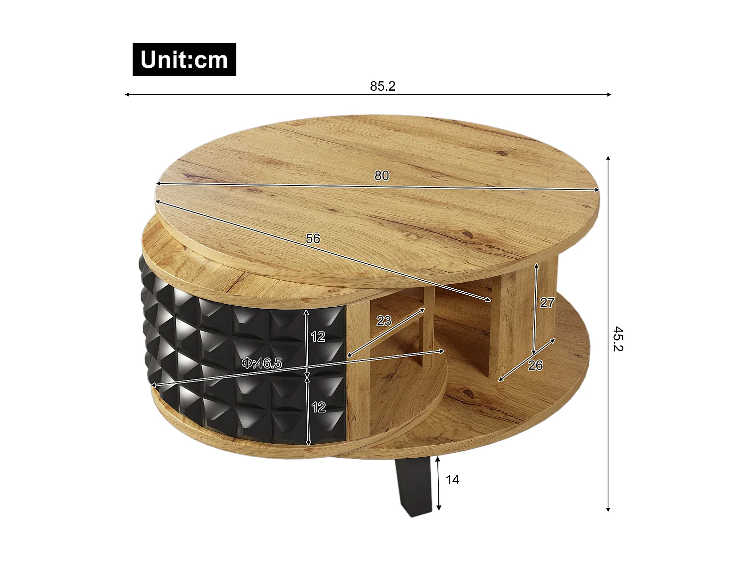 URBAN MEUBLE Table basse effet bois et noir, rangement interne rotatif