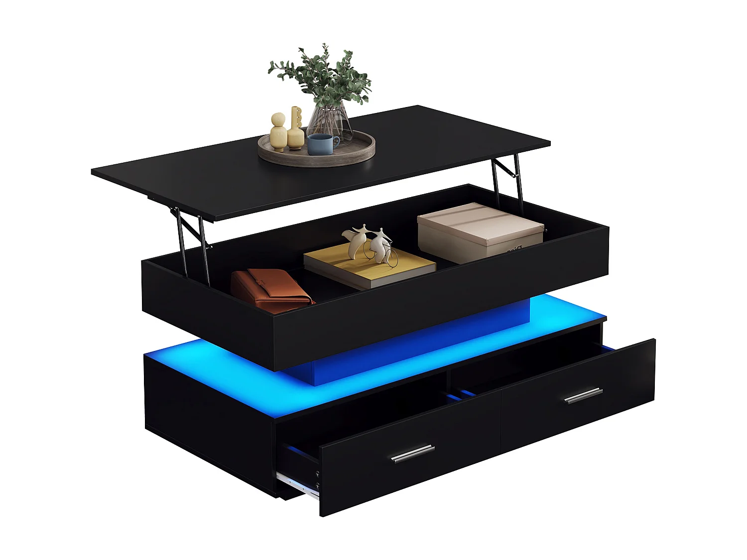 Table basse noir plateau relevable à hauteur réglable 2 tiroirs et espace de rangement ouvert avec éclairage LED 100*50*44 cm ZAKS BLACK