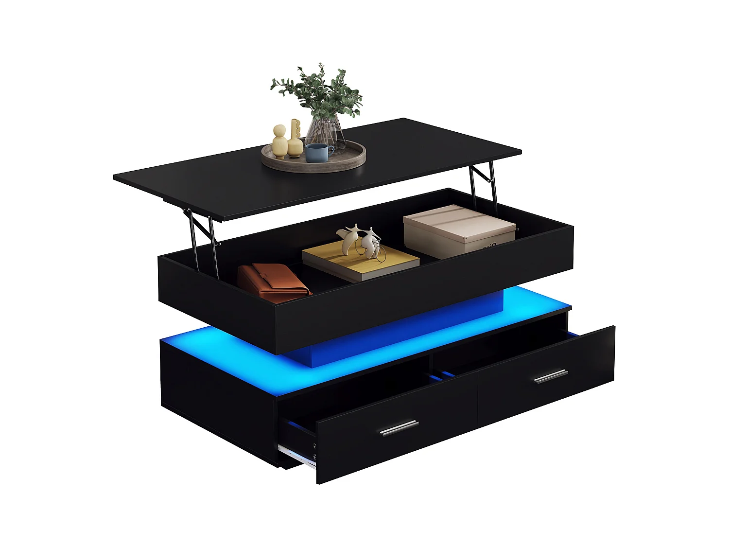 Table basse noir plateau relevable à hauteur réglable 2 tiroirs et espace de rangement ouvert avec éclairage LED 100*50*44 cm ZAKS BLACK