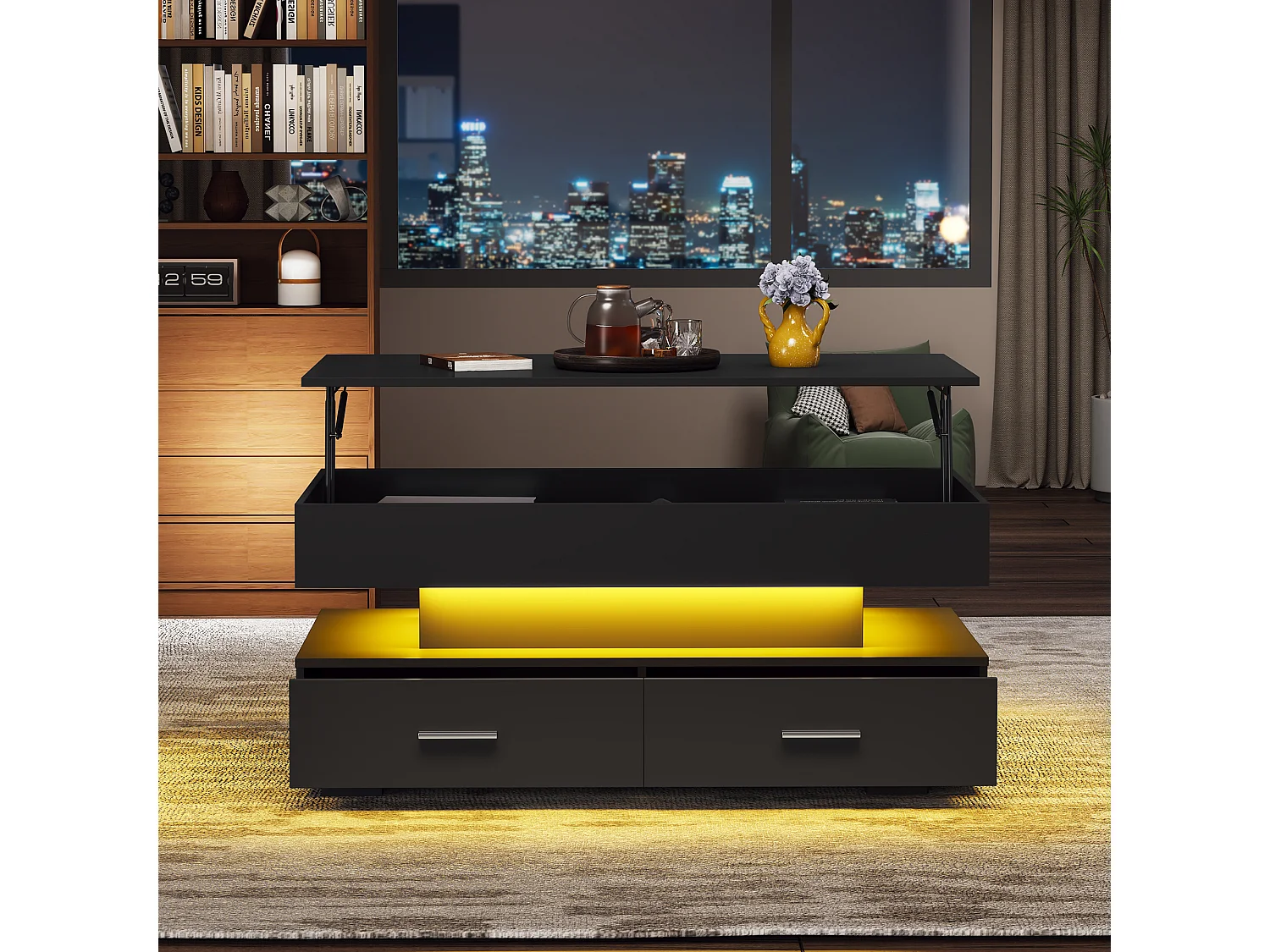 URBAN MEUBLE Table basse noir plateau relevable à hauteur réglable 2 tiroirs et espace de rangement ouvert avec éclairage LED