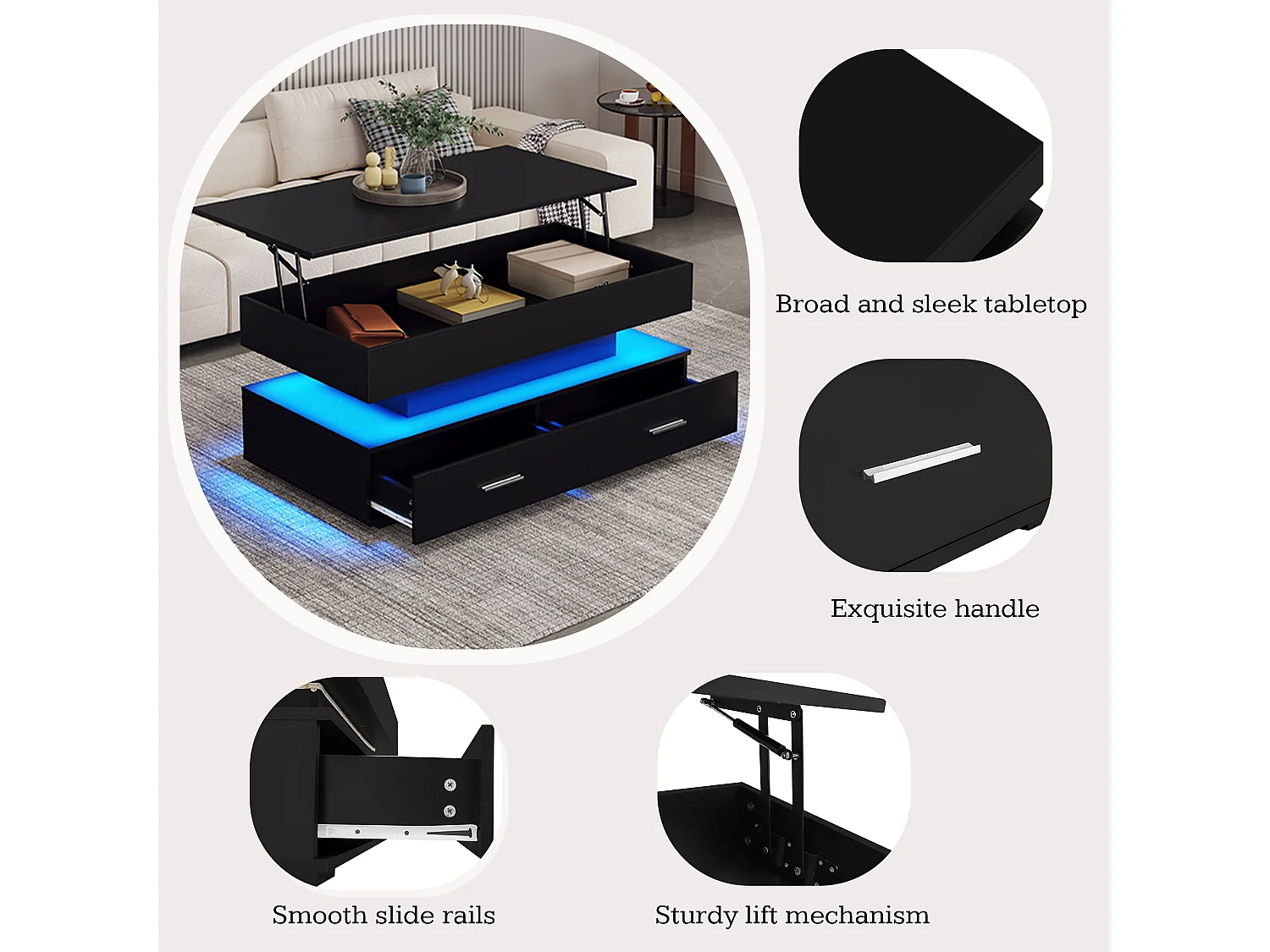 URBAN MEUBLE Table basse noir plateau relevable à hauteur réglable 2 tiroirs et espace de rangement ouvert avec éclairage LED