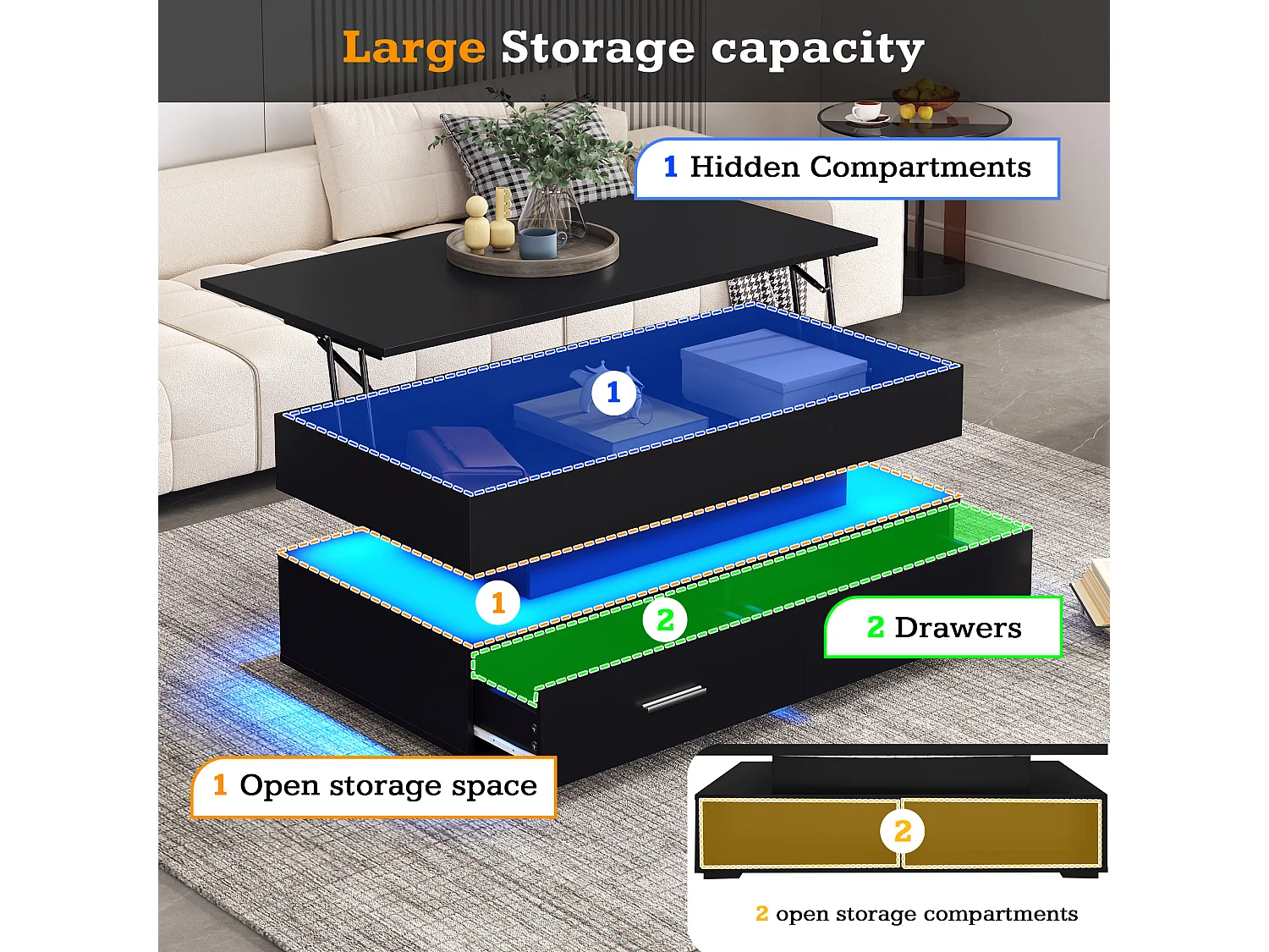 URBAN MEUBLE Table basse noir plateau relevable à hauteur réglable 2 tiroirs et espace de rangement ouvert avec éclairage LED