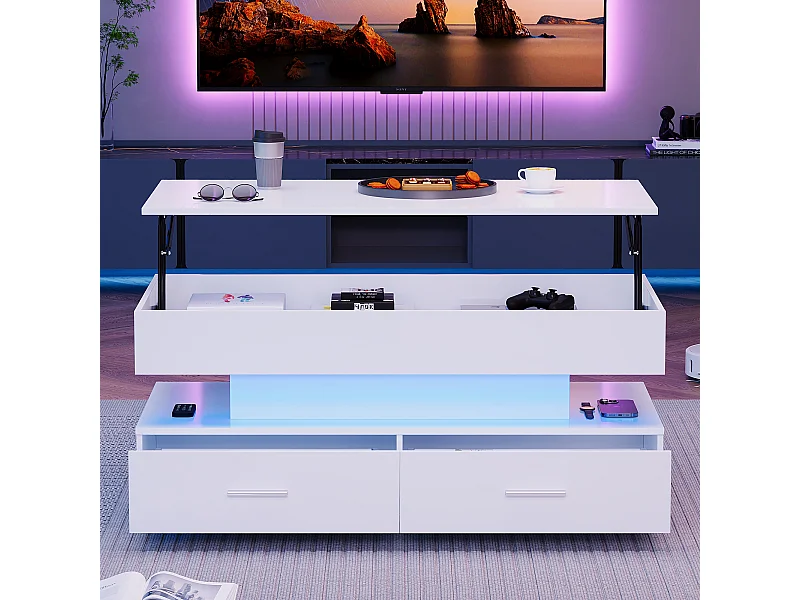 URBAN MEUBLE Table basse blanche plateau relevable à hauteur réglable 2 tiroirs et espace de rangement ouvert avec éclairage LED