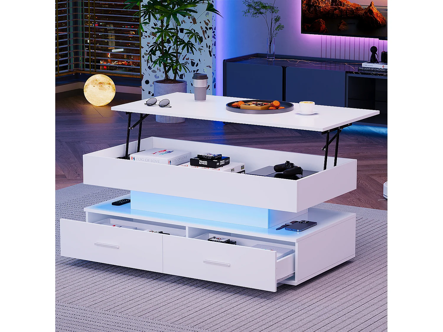 Table basse blanche plateau relevable à hauteur réglable 2 tiroirs et espace de rangement ouvert avec éclairage LED 100*50*44 cm ZAKS WHITE