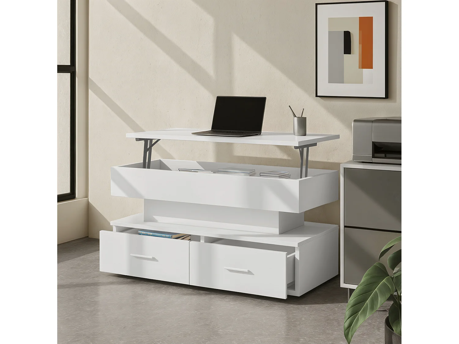 URBAN MEUBLE Table basse blanche plateau relevable à hauteur réglable 2 tiroirs et espace de rangement ouvert avec éclairage LED