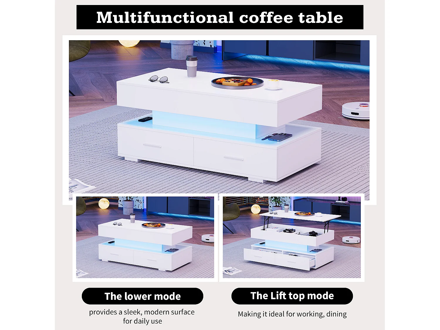 URBAN MEUBLE Table basse blanche plateau relevable à hauteur réglable 2 tiroirs et espace de rangement ouvert avec éclairage LED