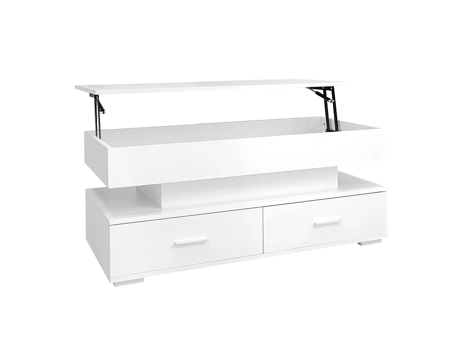 URBAN MEUBLE Table basse blanche plateau relevable à hauteur réglable 2 tiroirs et espace de rangement ouvert avec éclairage LED