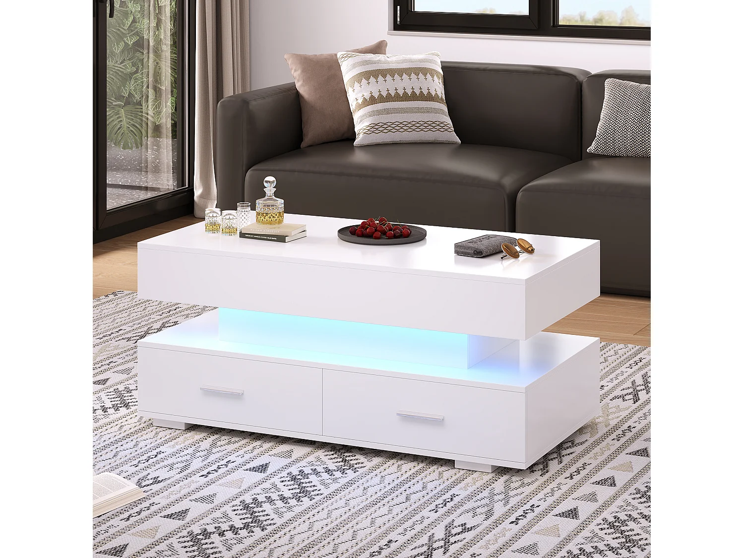URBAN MEUBLE Table basse blanche plateau relevable à hauteur réglable 2 tiroirs et espace de rangement ouvert avec éclairage LED