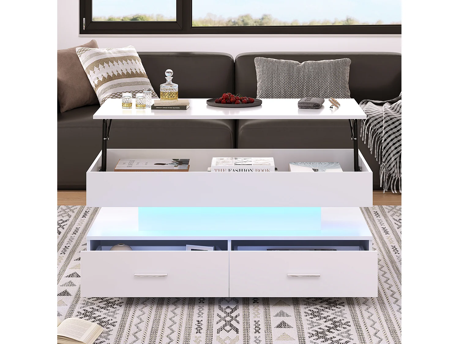 URBAN MEUBLE Table basse blanche plateau relevable à hauteur réglable 2 tiroirs et espace de rangement ouvert avec éclairage LED