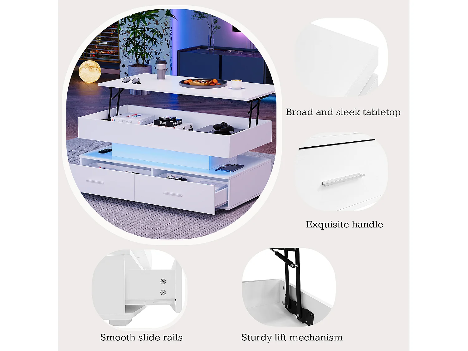 URBAN MEUBLE Table basse blanche plateau relevable à hauteur réglable 2 tiroirs et espace de rangement ouvert avec éclairage LED