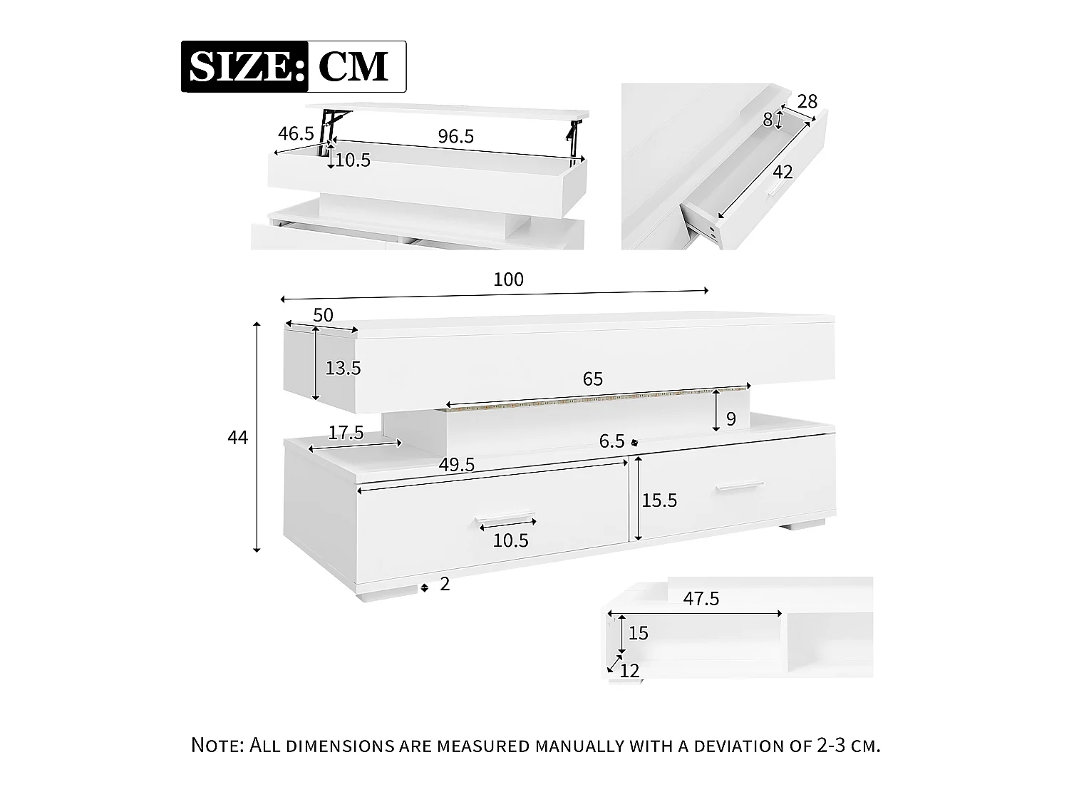 URBAN MEUBLE Table basse blanche plateau relevable à hauteur réglable 2 tiroirs et espace de rangement ouvert avec éclairage LED