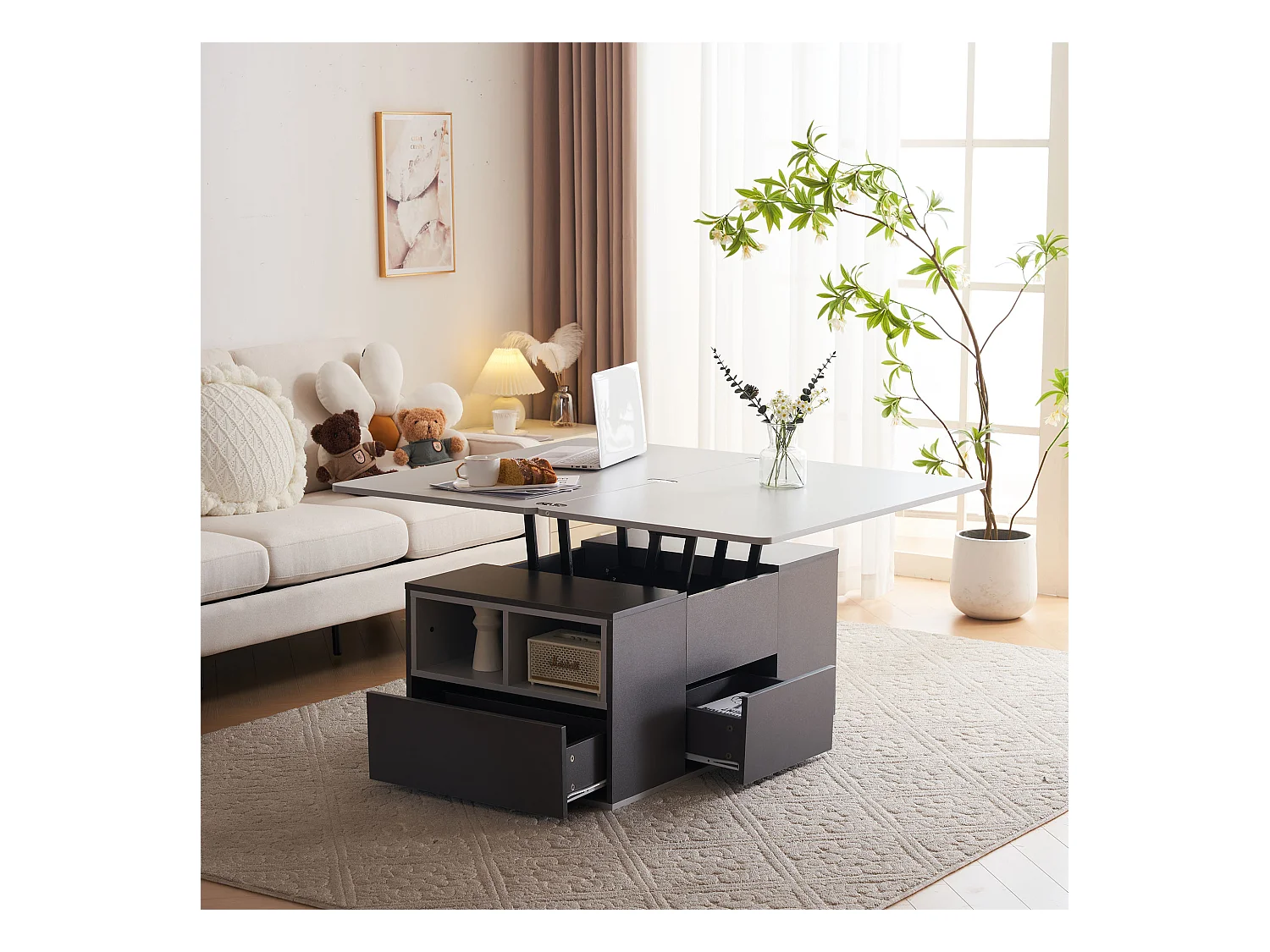 Table basse relevable 2 plateaux 3 tiroirs blanc et gris foncé SCODS