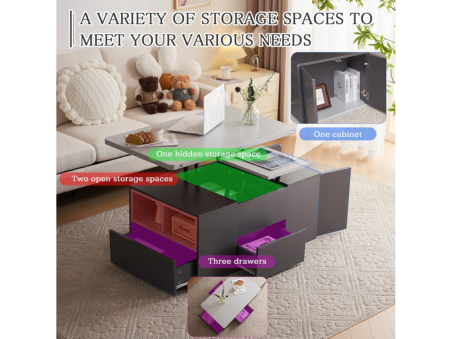 Table basse relevable 2 plateaux 3 tiroirs blanc et gris foncé SCODS