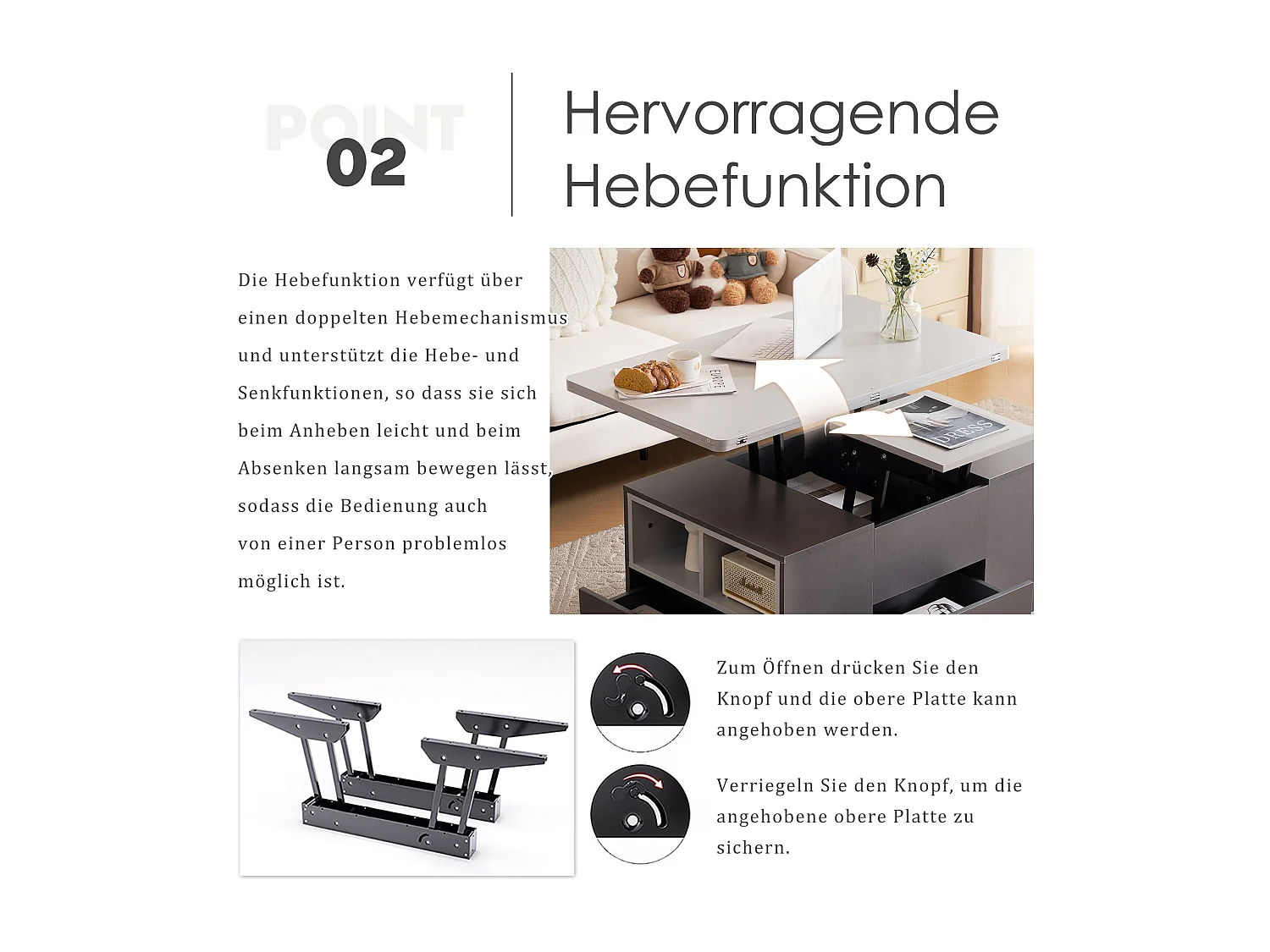 Table basse relevable 2 plateaux 3 tiroirs blanc et gris foncé SCODS