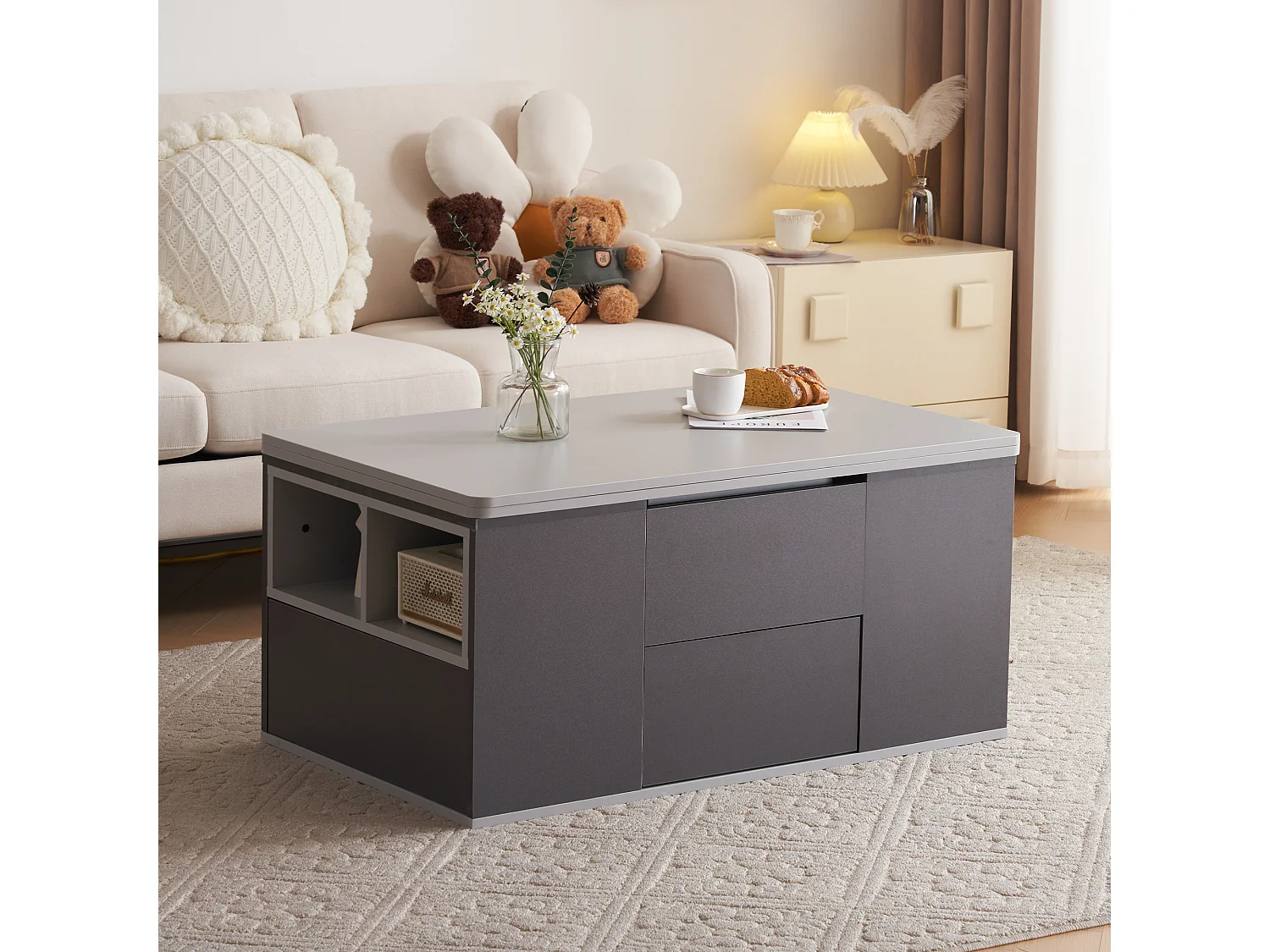 Table basse relevable 2 plateaux 3 tiroirs blanc et gris foncé SCODS