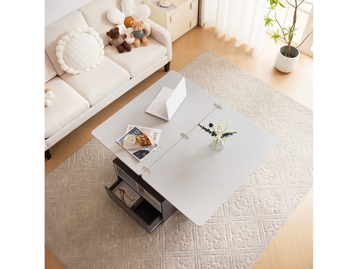 Table basse relevable 2 plateaux 3 tiroirs blanc et gris foncé SCODS