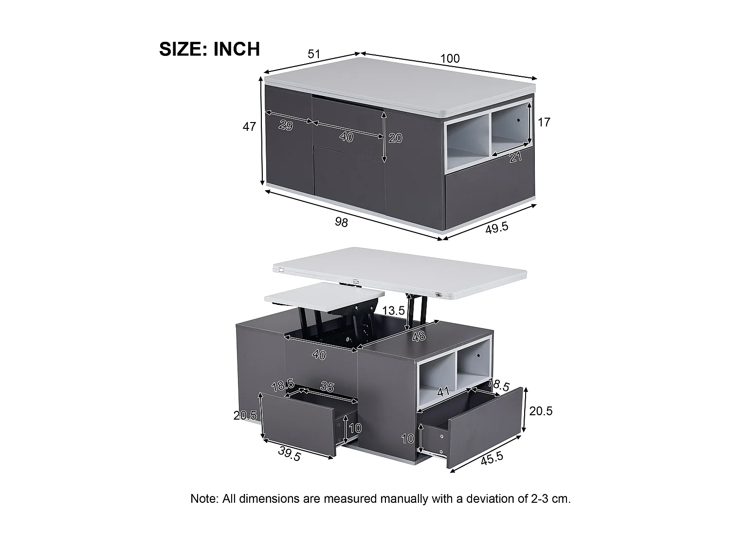 Table basse relevable 2 plateaux 3 tiroirs blanc et gris foncé SCODS