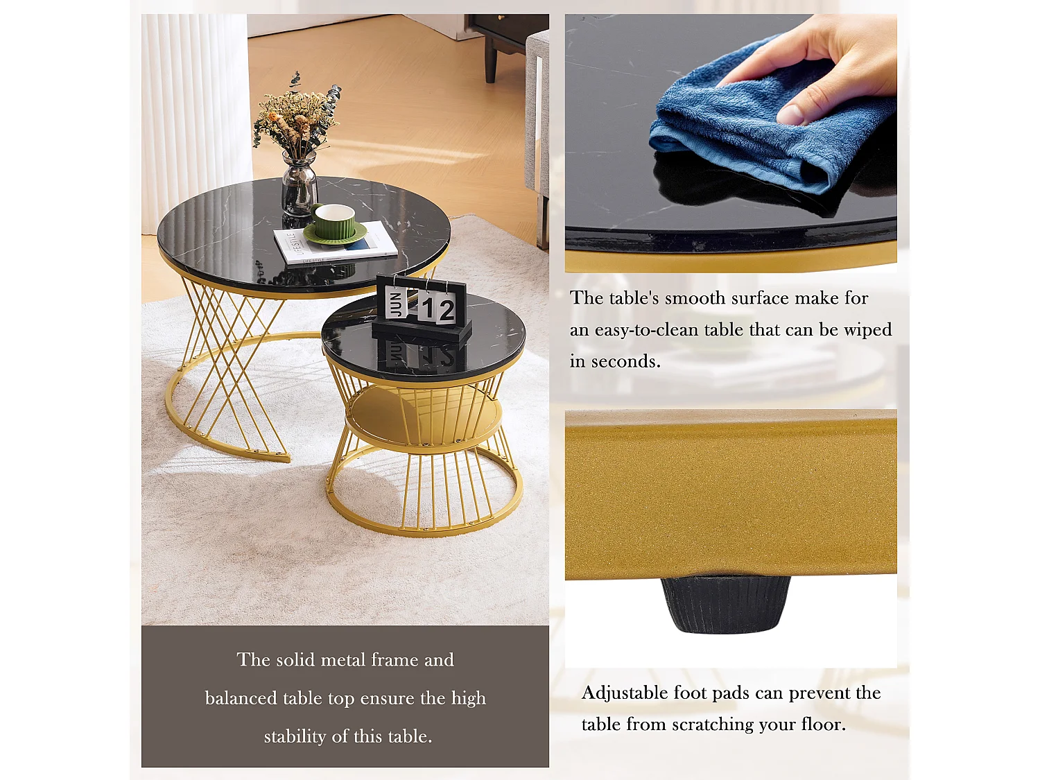 Ensemble table basse rondes gigogne haute brillance effet marbre noir structure couleur dorée KHED