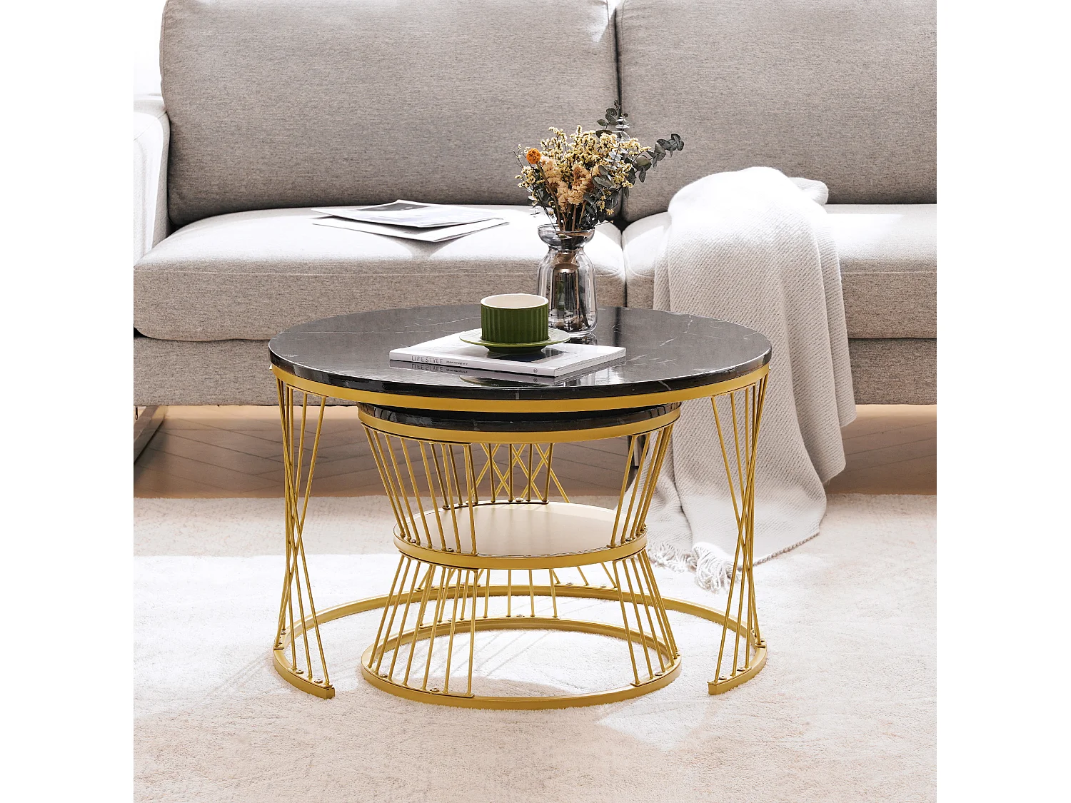 URBAN MEUBLE Ensemble table basse rondes gigogne haute brillance effet marbre noir structure couleur dorée