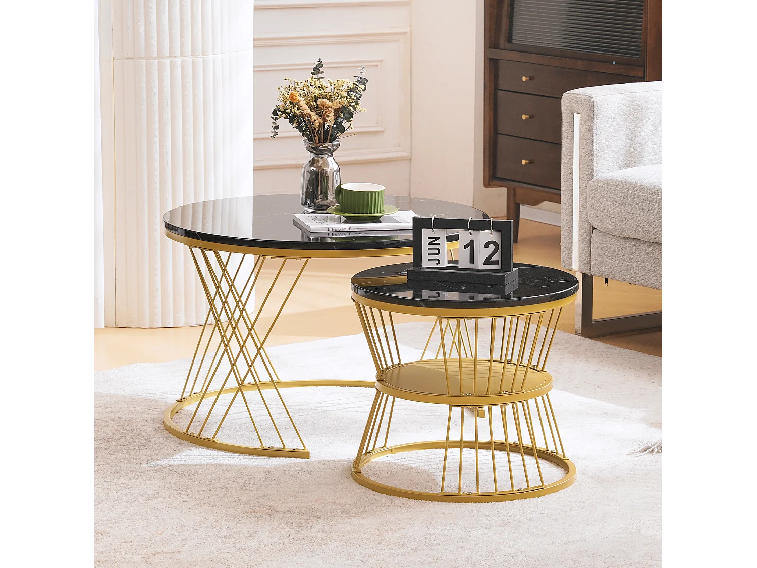 URBAN MEUBLE Ensemble table basse rondes gigogne haute brillance effet marbre noir structure couleur dorée